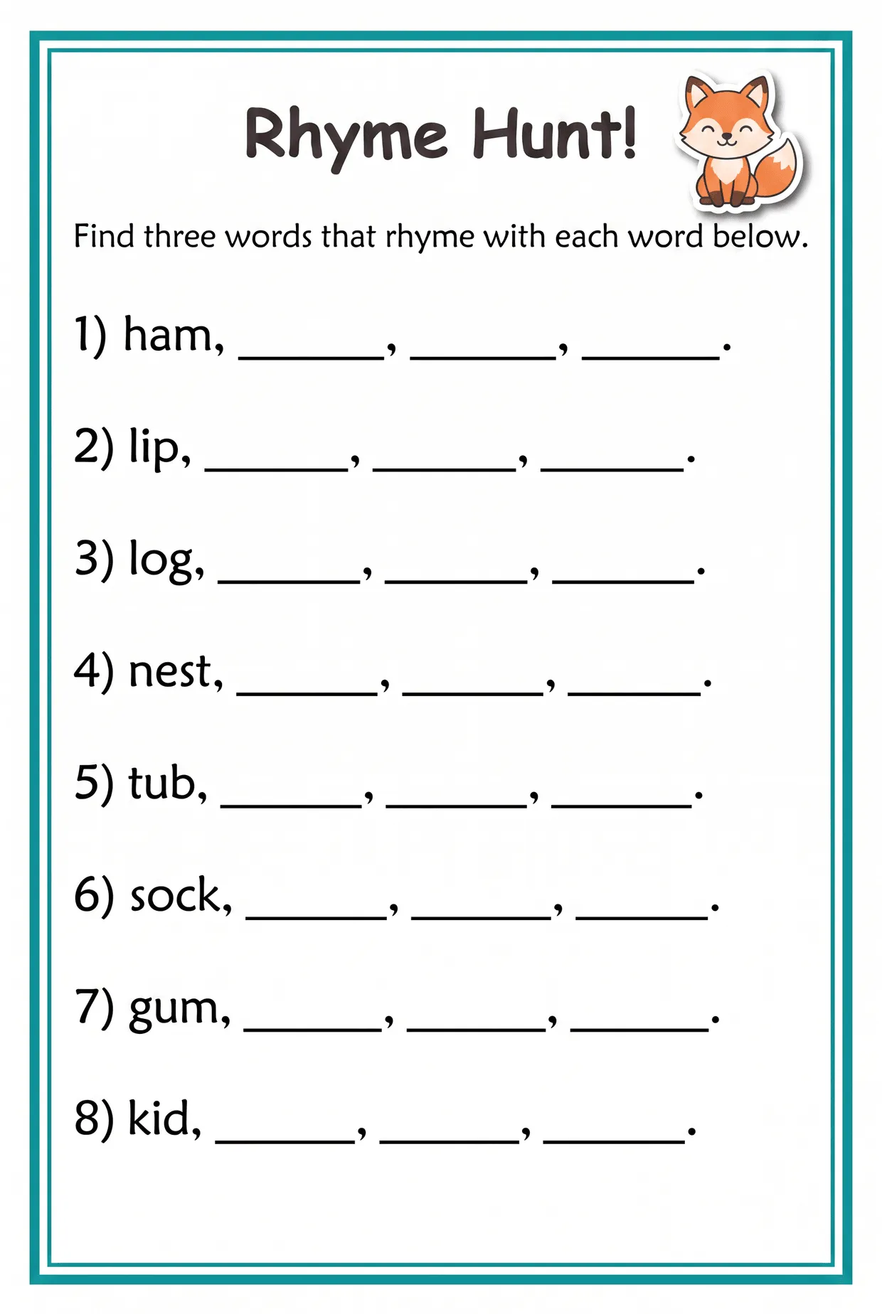 Rhyme Hunt: Write Three Rhyming Words Worksheet, page 1 preview