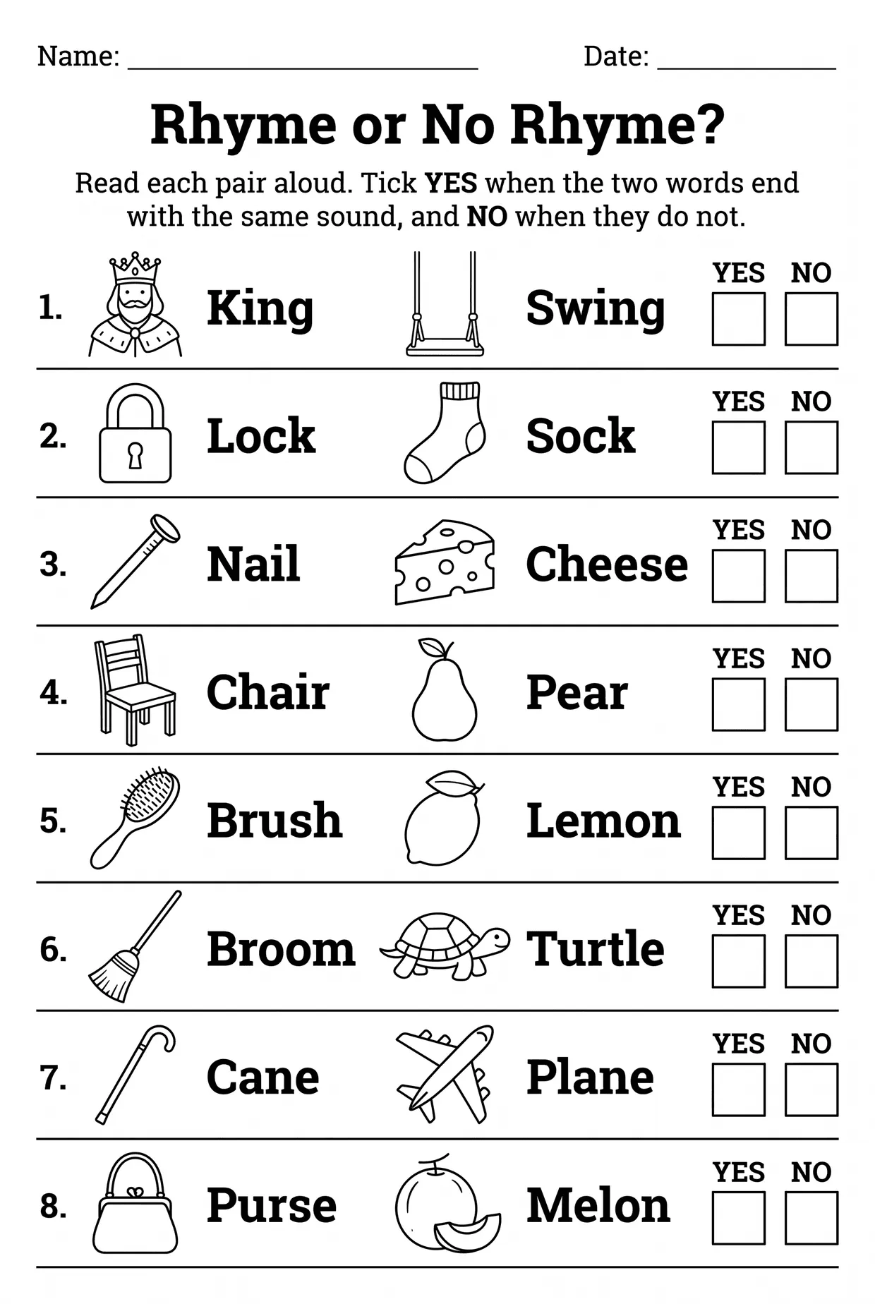 Rhyme or No Rhyme? Yes/No Rhyming Words Worksheet, page 1 preview