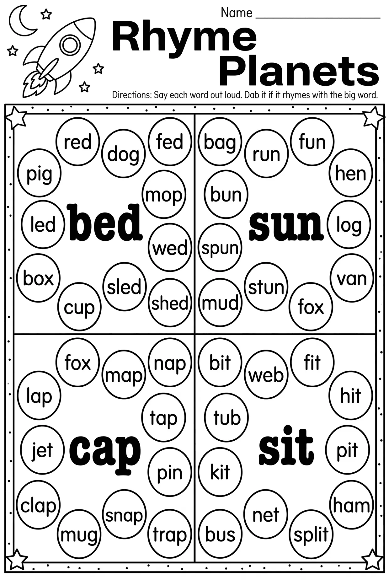 Rhyme Planets: Dab-a-Dot Rhyming Words Worksheet, page 1 preview