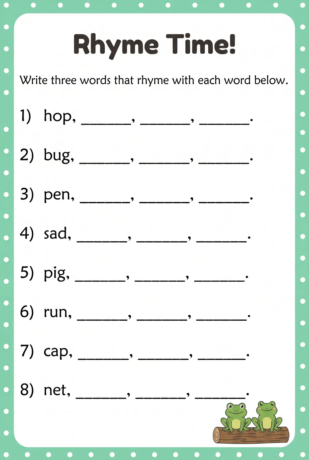 Rhyme Time: Write Three Rhyming Words Worksheet, page 1 preview