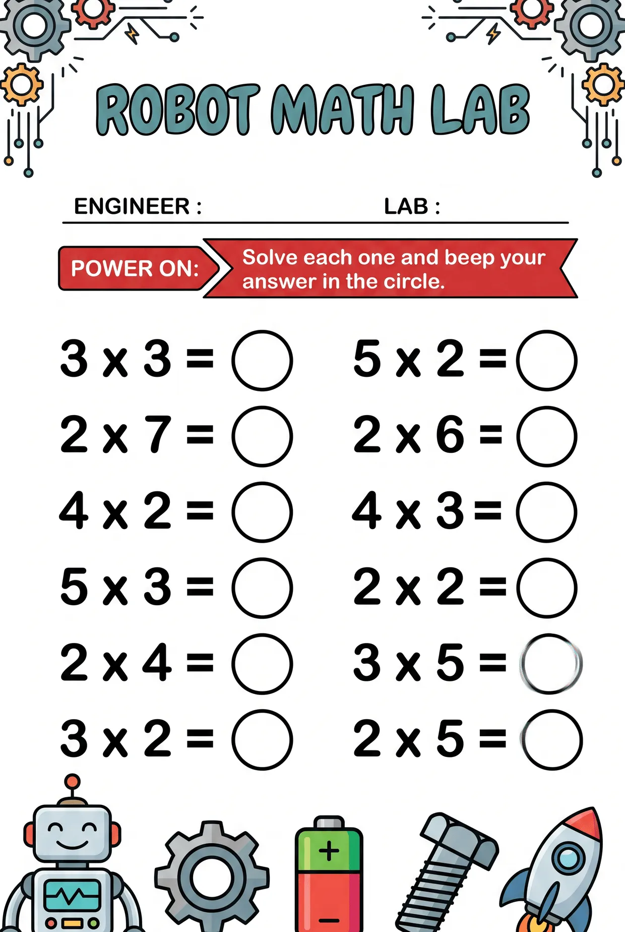 Robot Math Lab: Multiplication Circles Worksheet, page 1 preview
