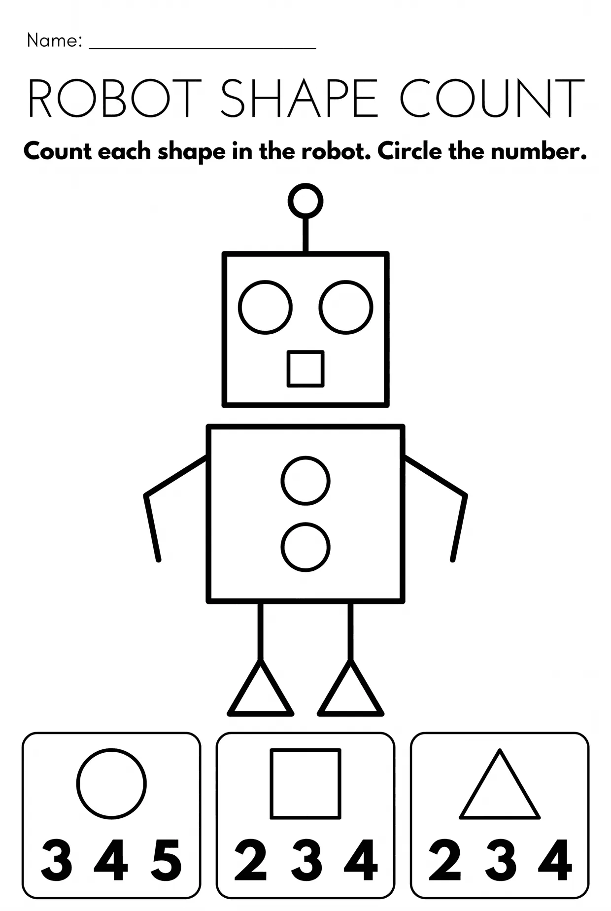Robot Shape Counting Worksheet for Preschool, page 1 preview