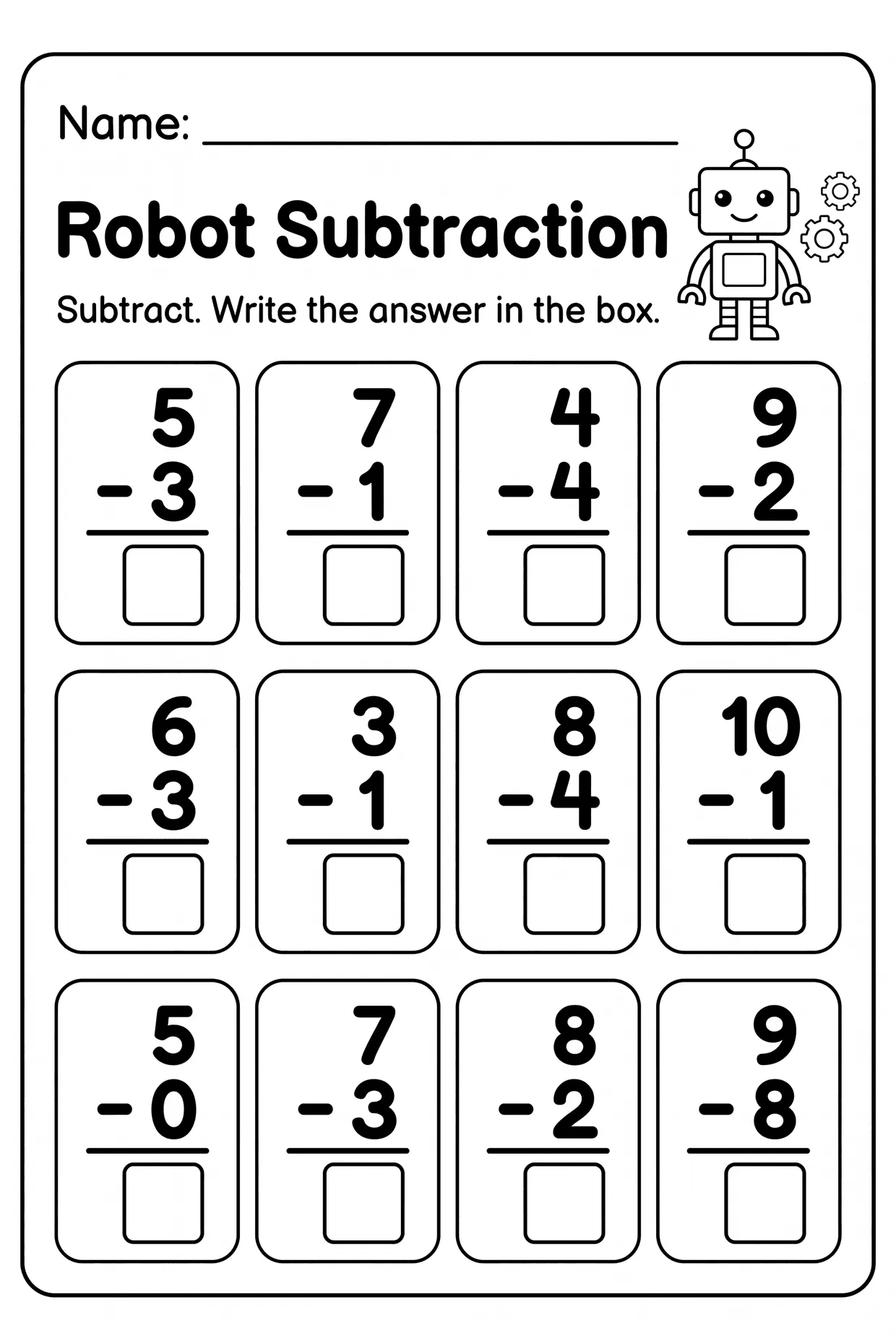 Vertical Subtraction Worksheet for Kindergarten, page 1 preview