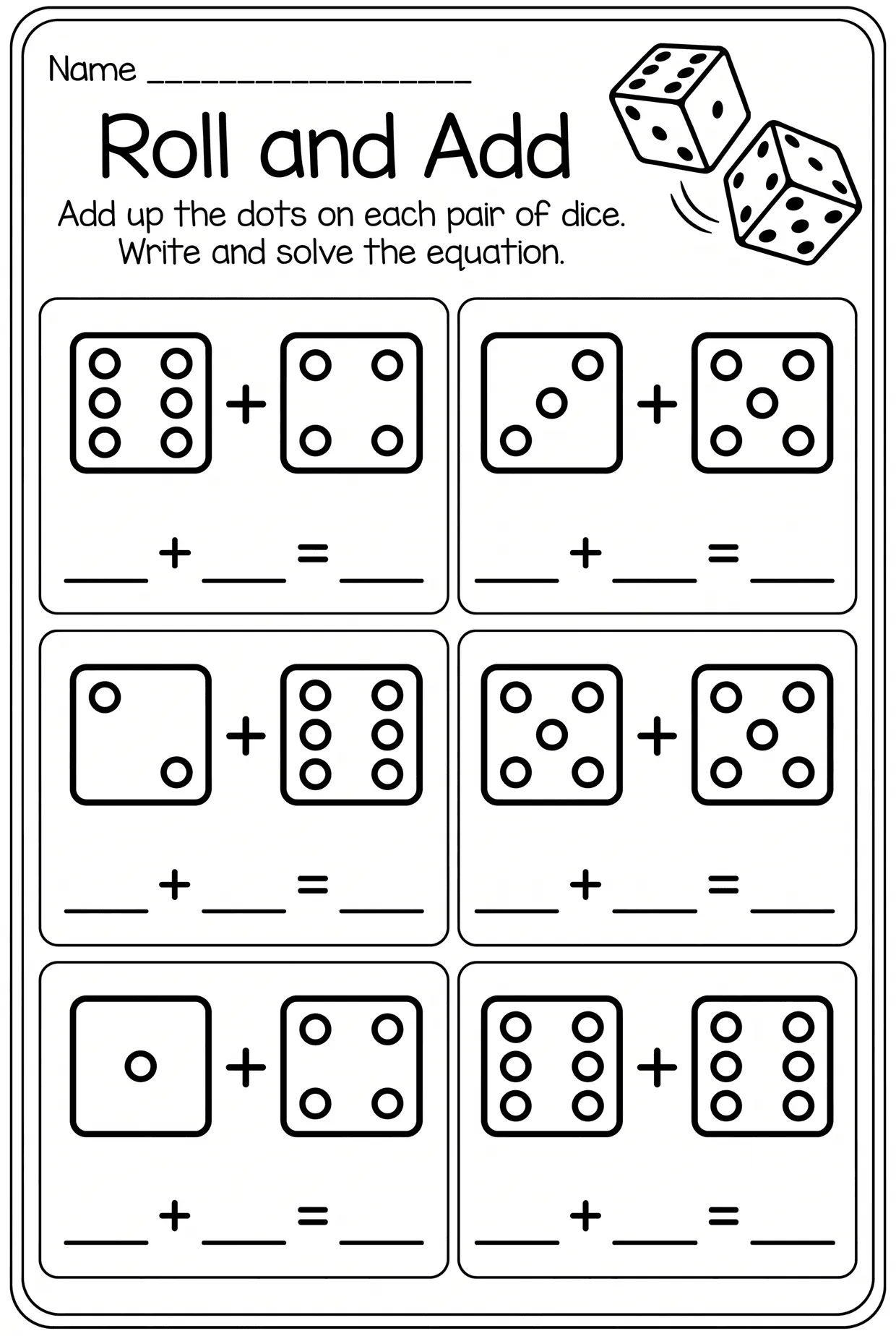 Roll and Add Dice Addition worksheet preview