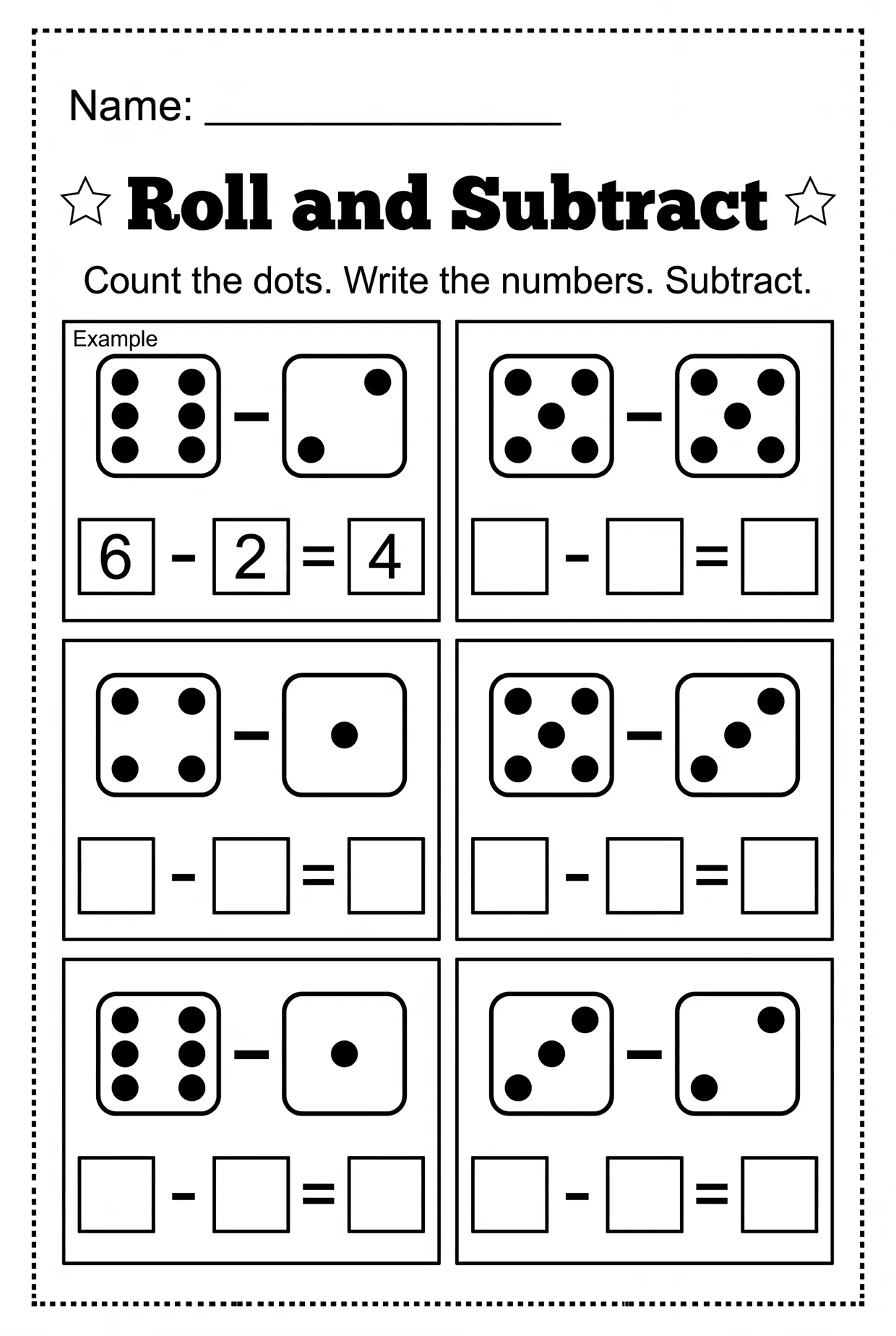 Roll the Dice Subtraction Worksheet for Kindergarten, page 1 preview