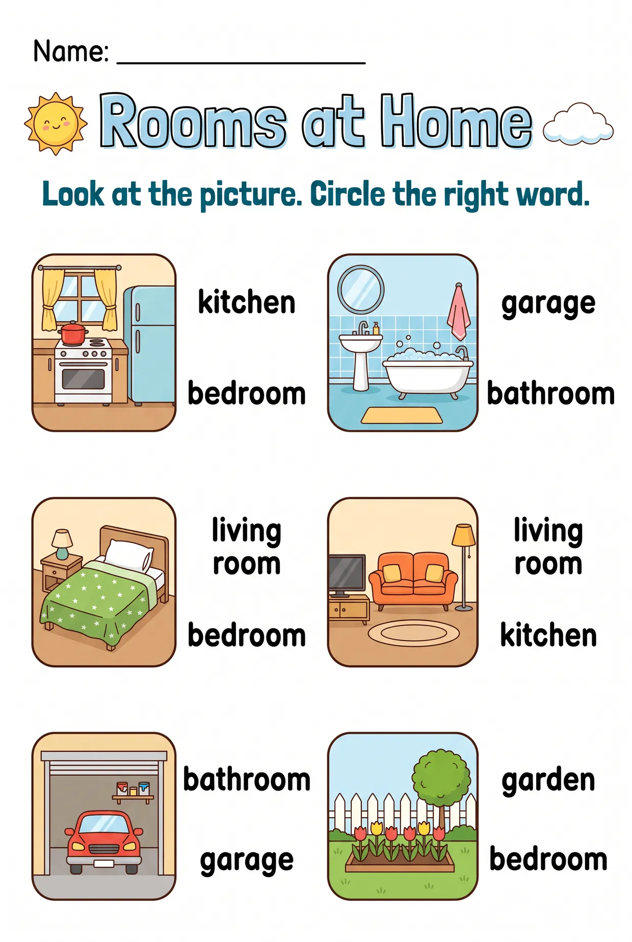 Rooms of the House Worksheet: Circle the Right Word, page 1 preview