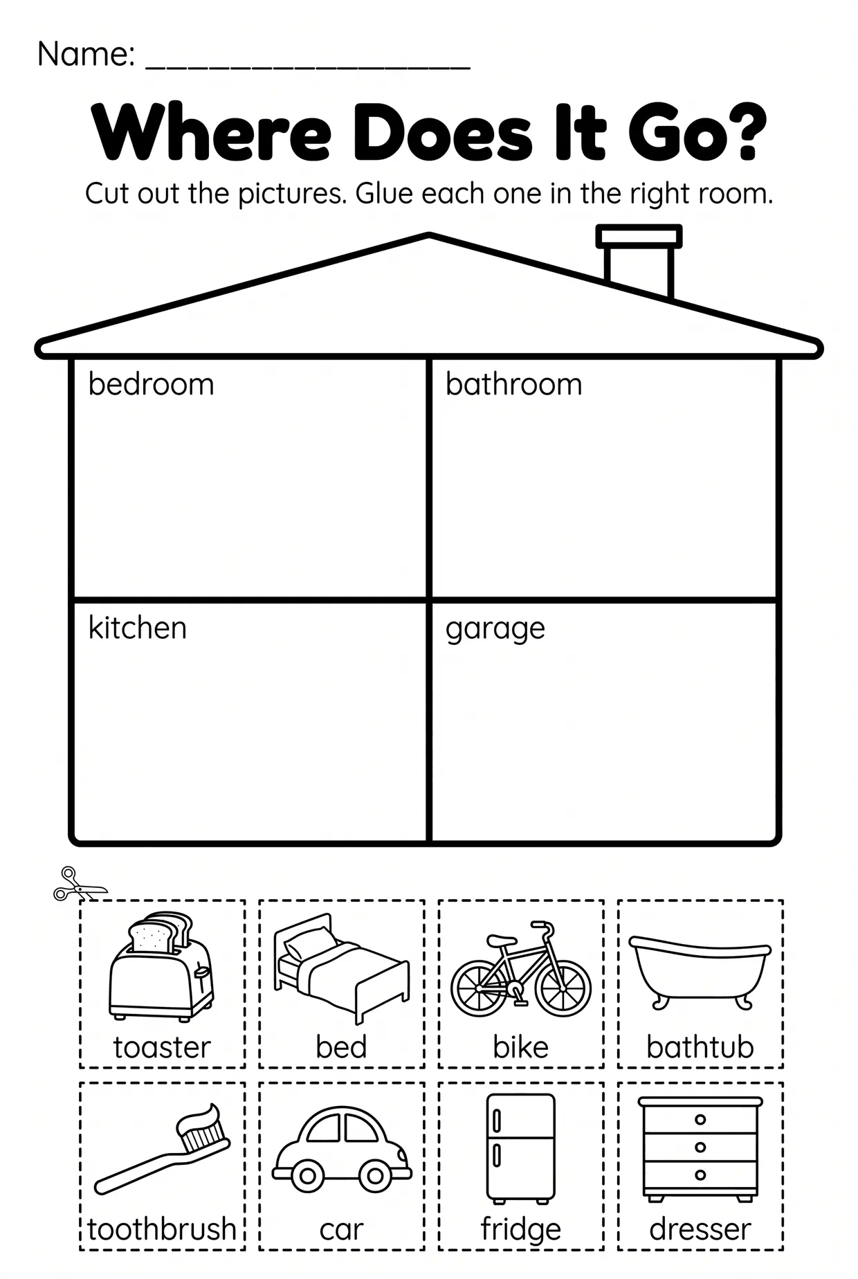 Parts of the House Cut and Paste Room Sorting Worksheet, page 1 preview