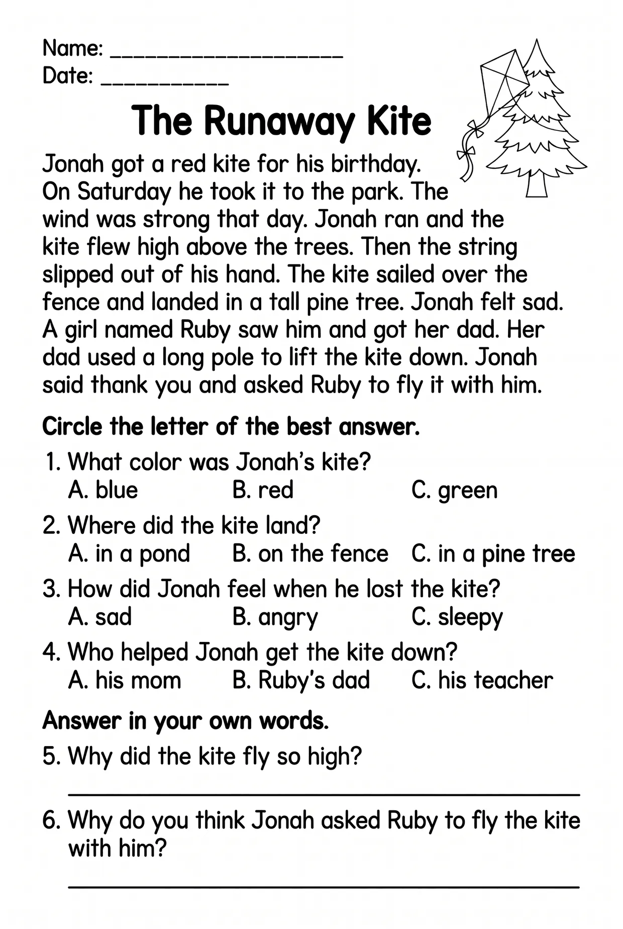 The Runaway Kite Multiple Choice Worksheet Grade 2, page 1 preview