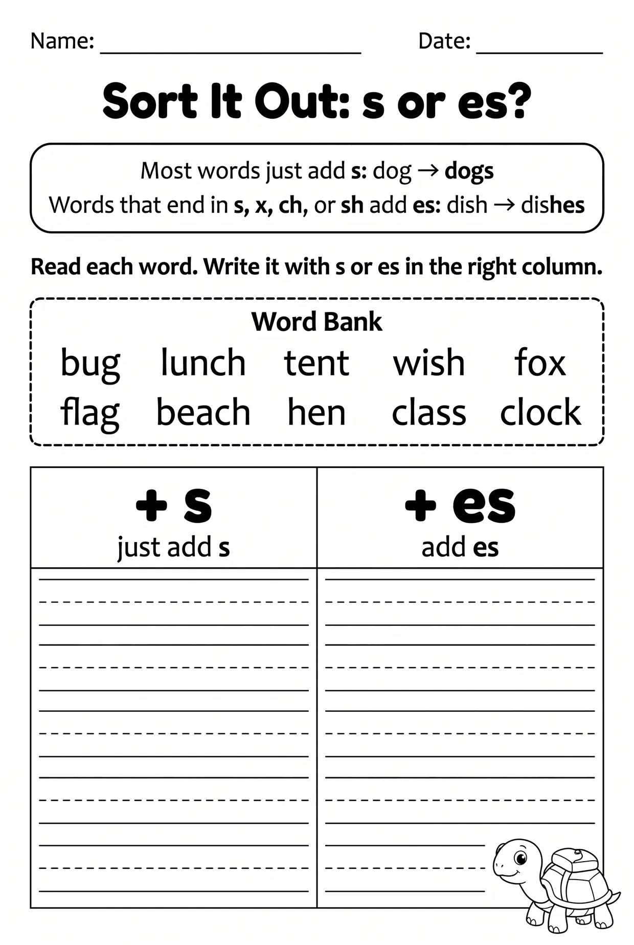 S or ES Word Sort Singular Plural Worksheet for Grade 1, page 1 preview