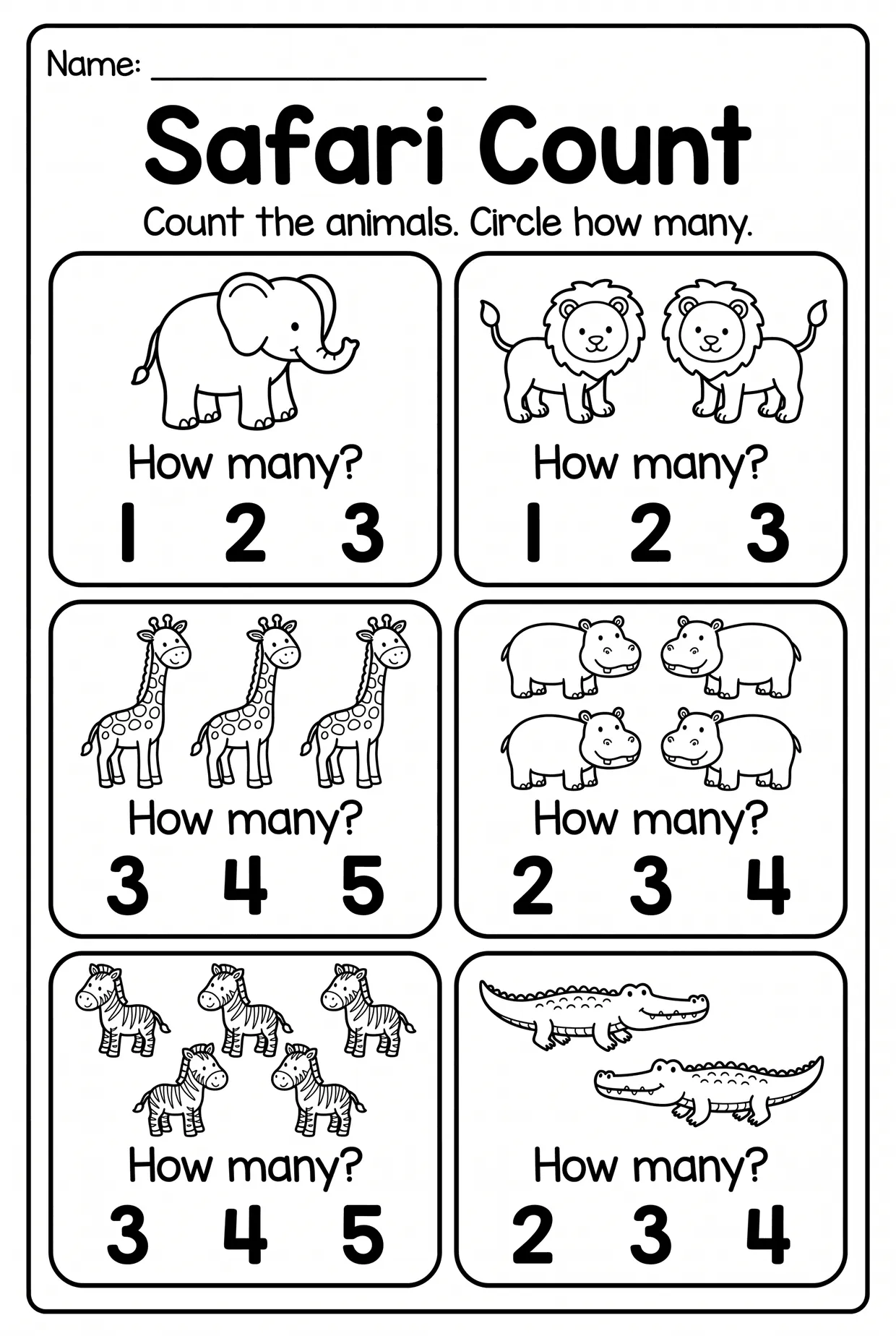 Safari Animals How Many Counting Worksheet for Pre-K, page 1 preview