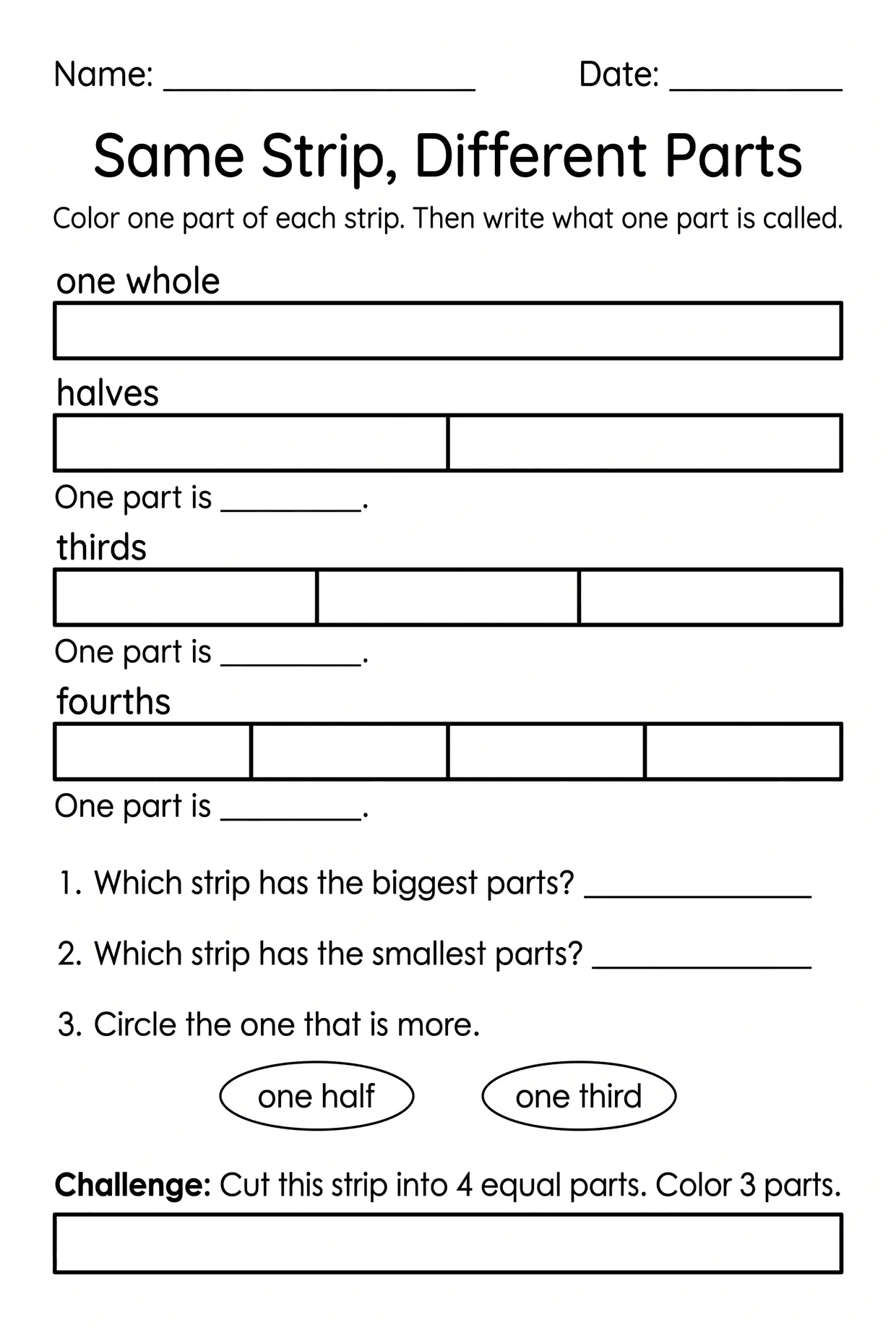 Halves, Thirds and Fourths Fraction Strips Worksheet worksheet preview
