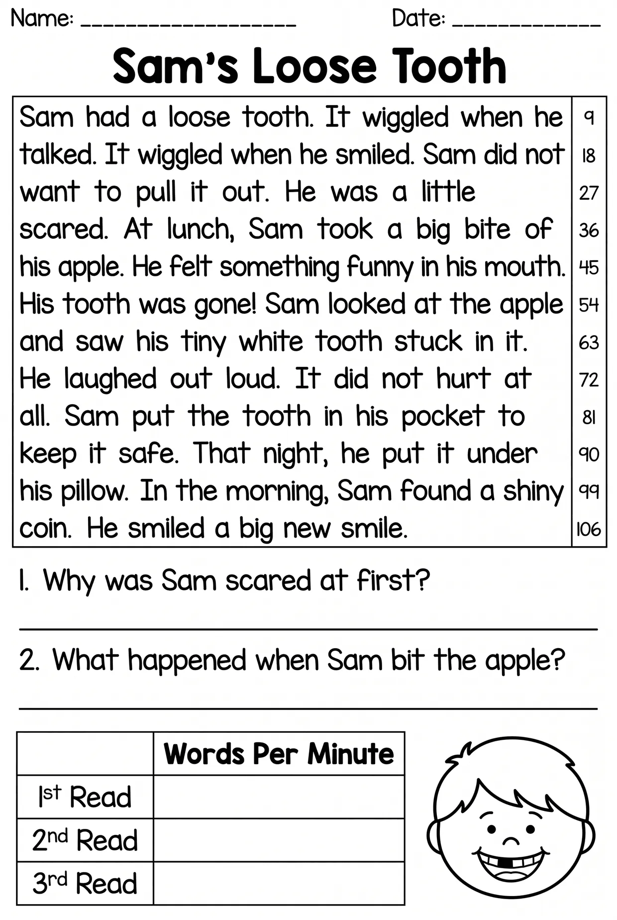 Sam's Loose Tooth Fluency Passage for 2nd Grade, page 1 preview