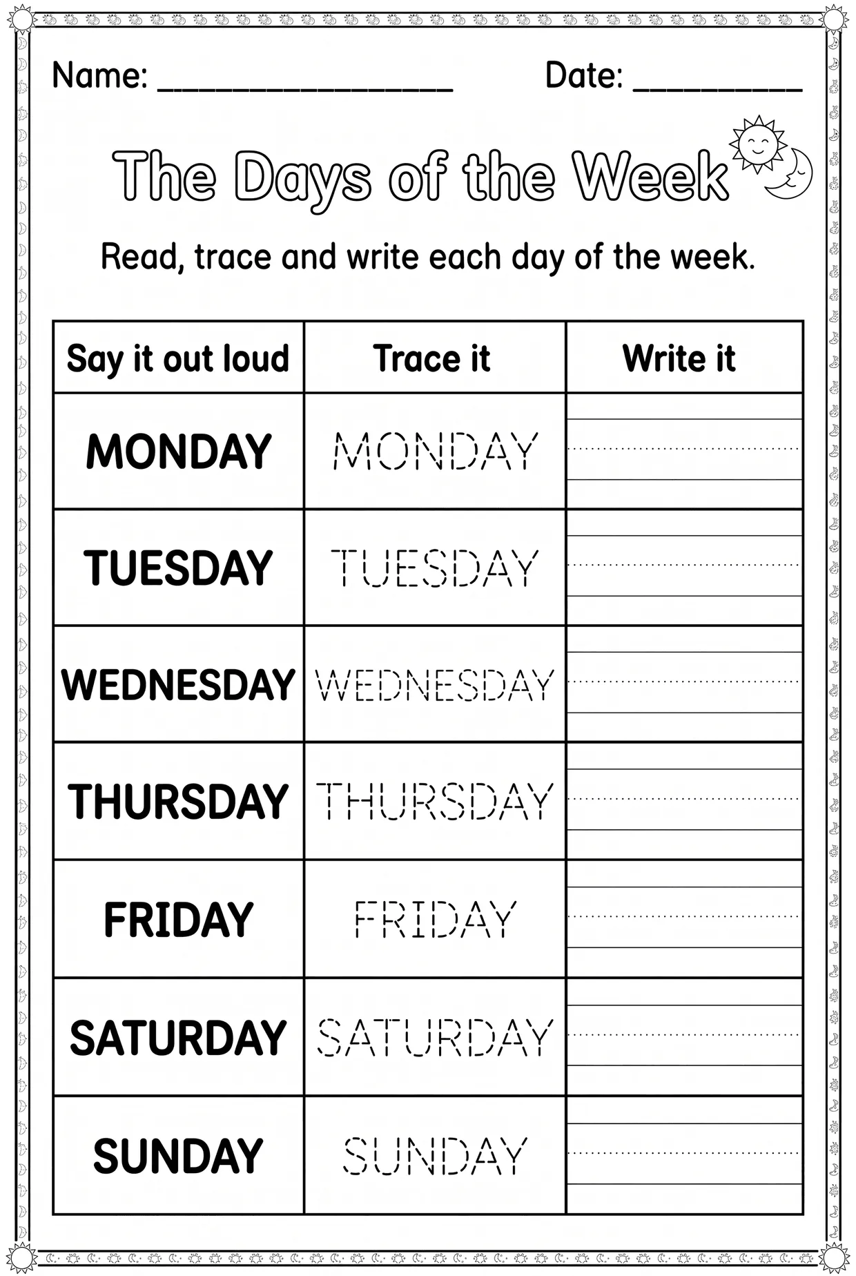Days of the Week: Say, Trace, Write worksheet preview