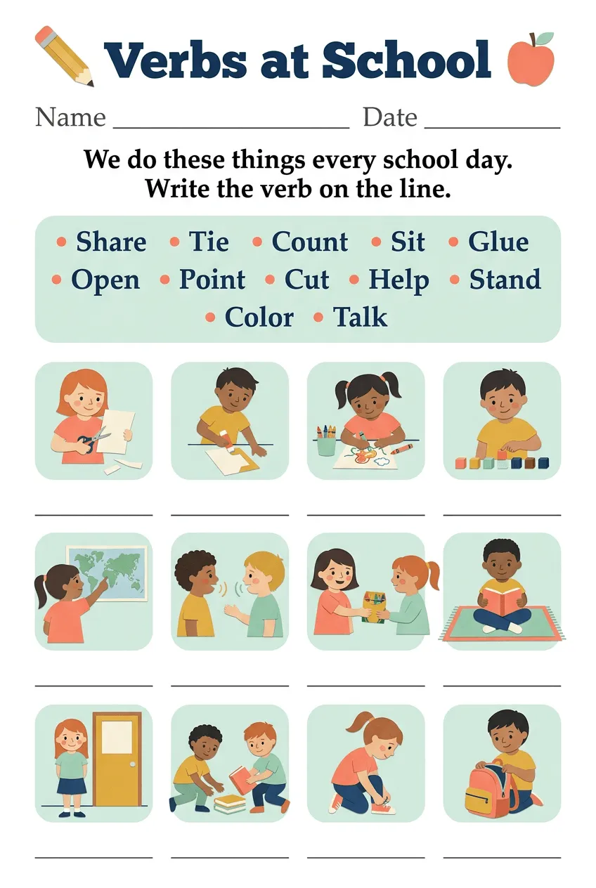 School Verbs Worksheet: Action Words for the Classroom, page 1 preview