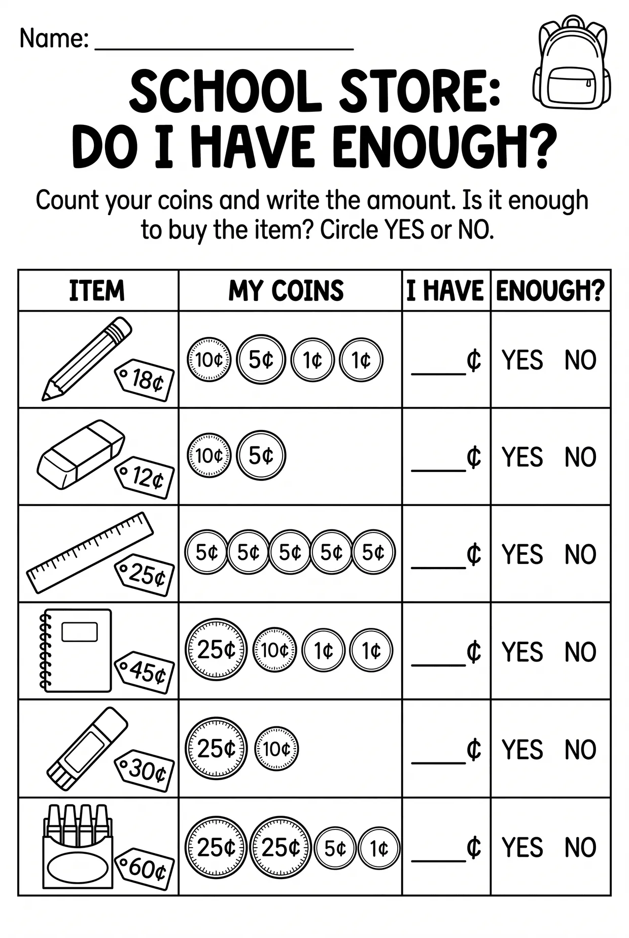 School Store Do I Have Enough? Grade 2 Money Worksheet, page 1 preview
