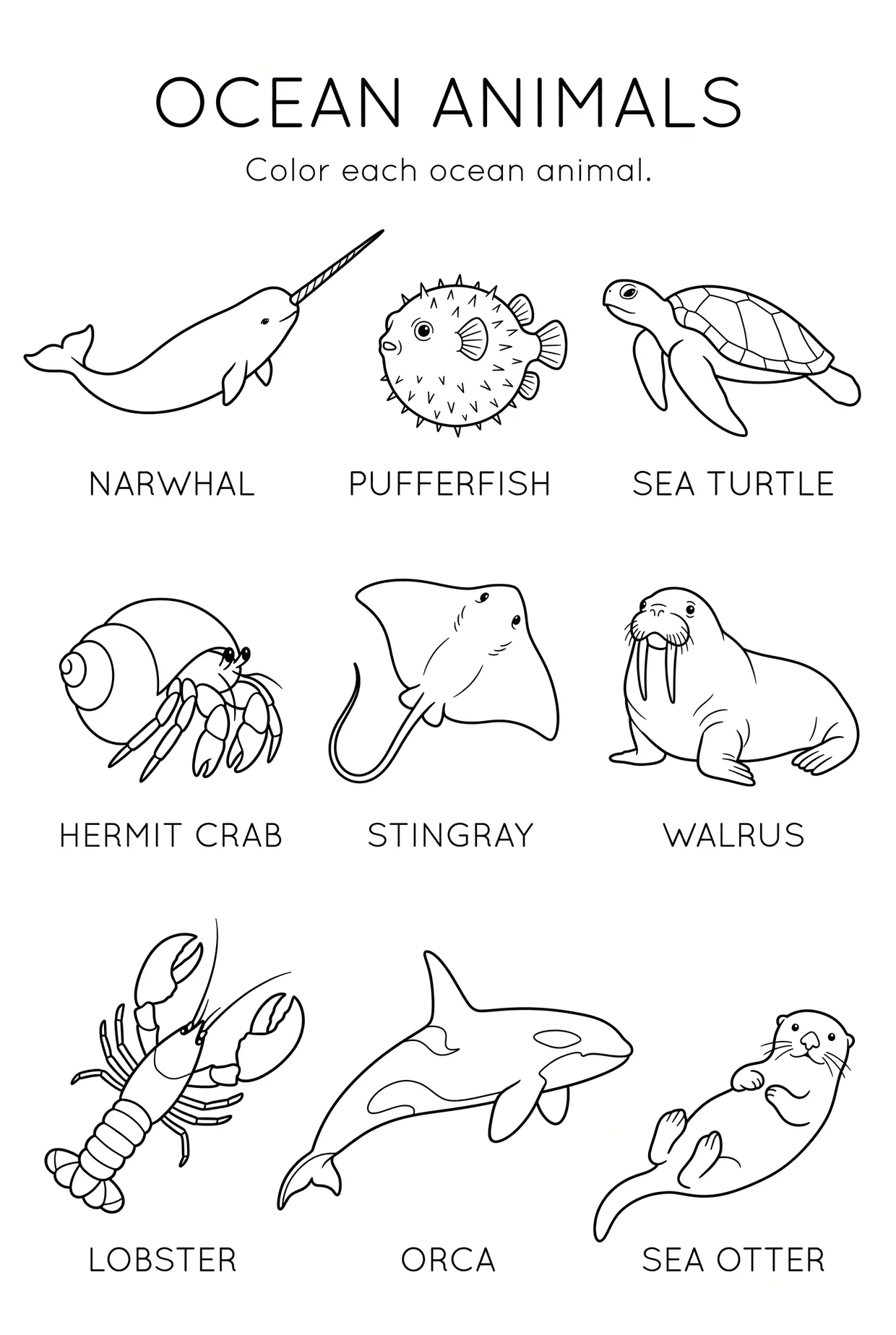 Sea Animals Coloring Page Worksheet With Names worksheet preview