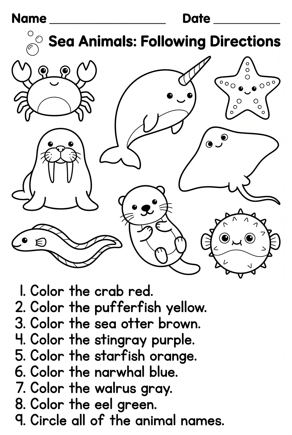 Sea Animals Following Directions Coloring Worksheet, page 1 preview