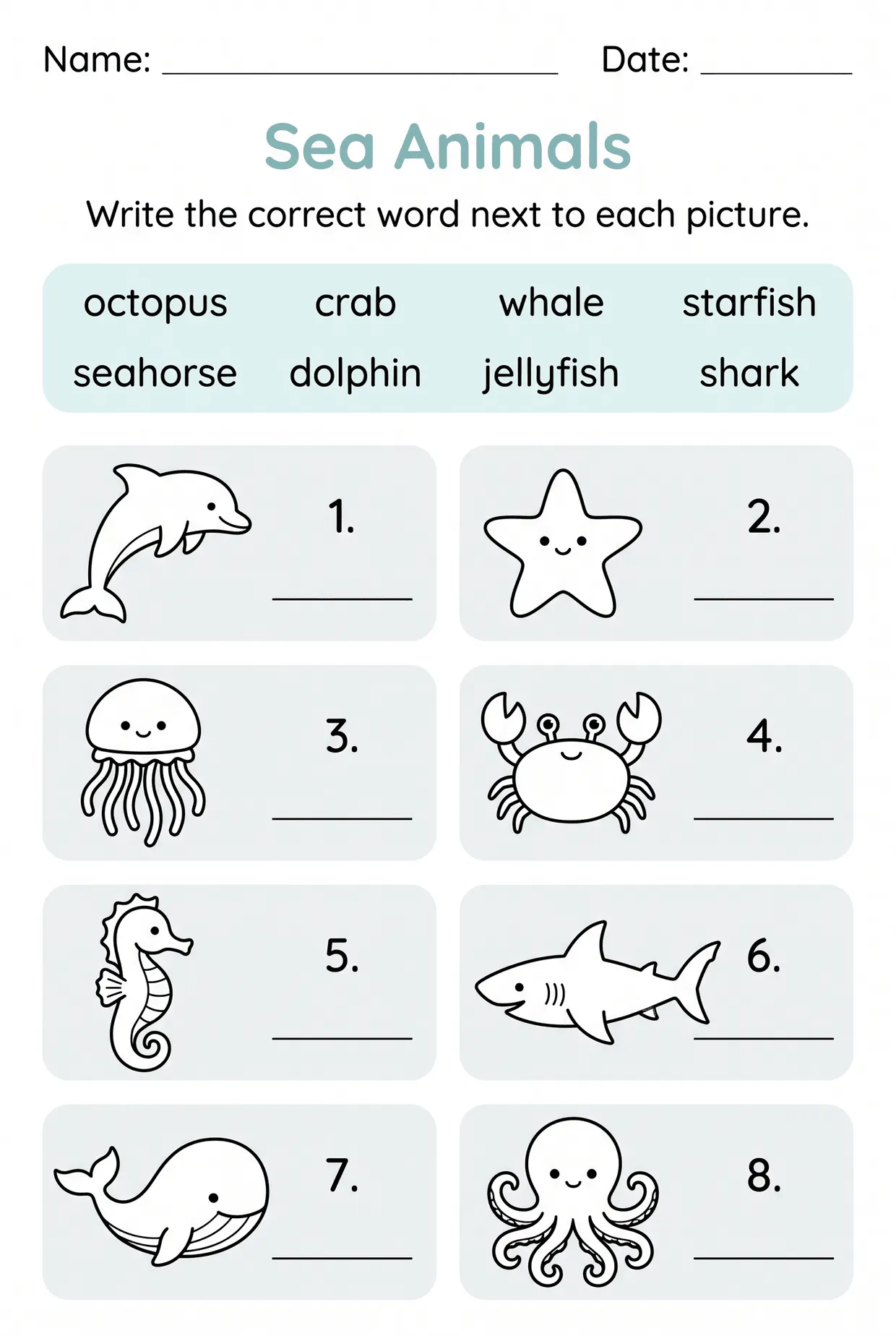 Sea Animals Writing Worksheet With 8 Picture Clues, page 1 preview