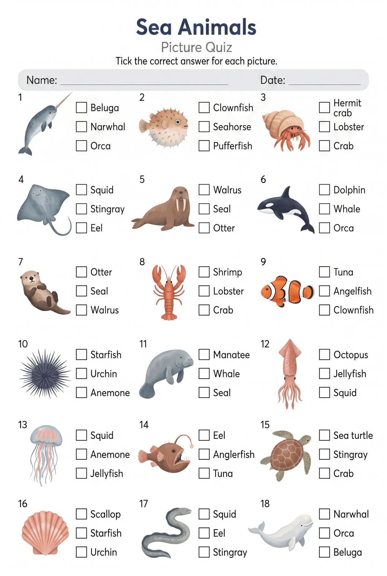 Sea Animals Picture Quiz Worksheet With 18 Animals, page 1 preview