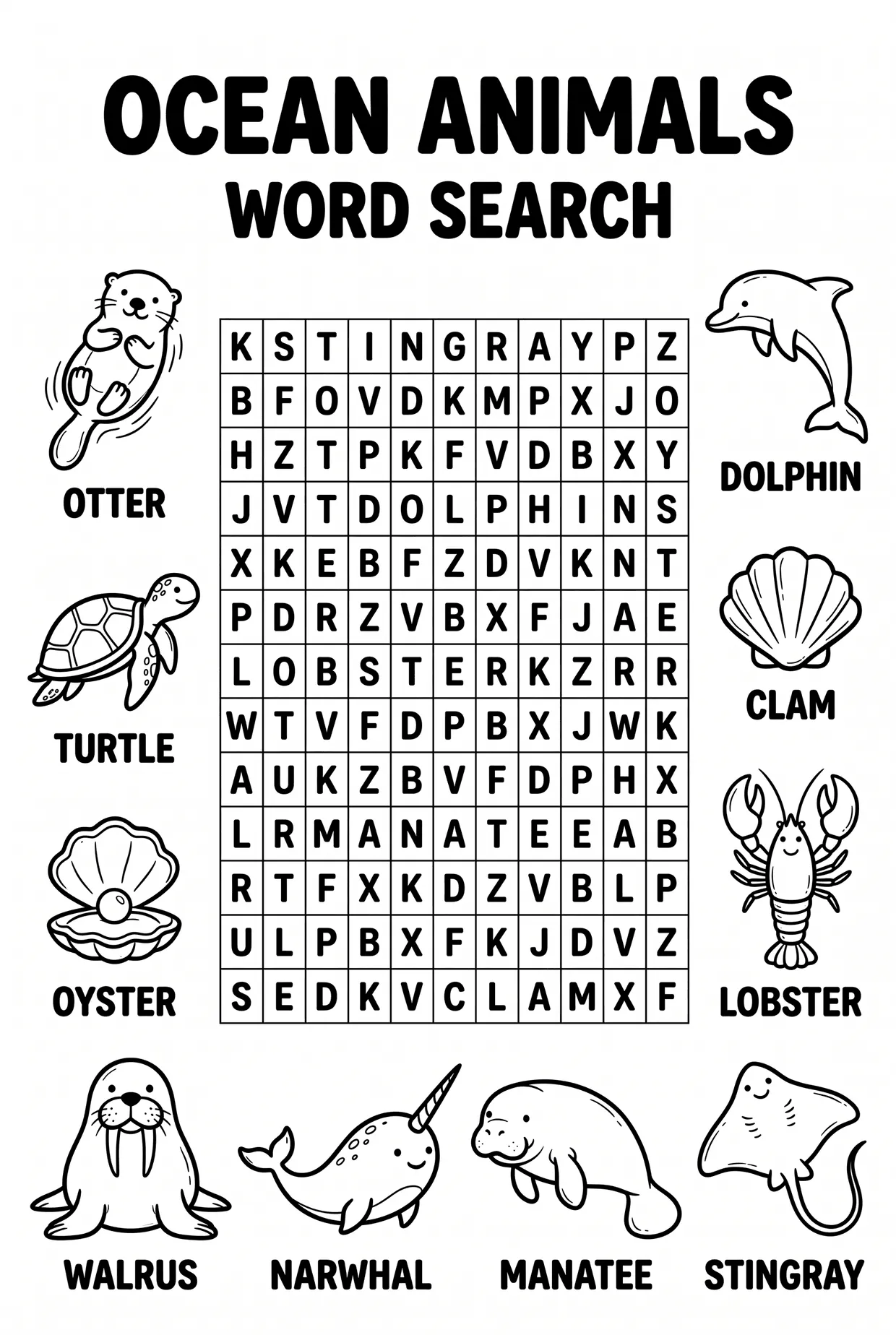 Sea Animals Word Search Worksheet in Black and White, page 1 preview