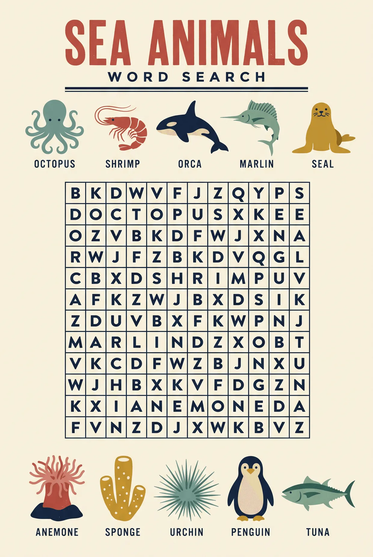 Sea Animals Word Search Worksheet in Retro Color, page 1 preview