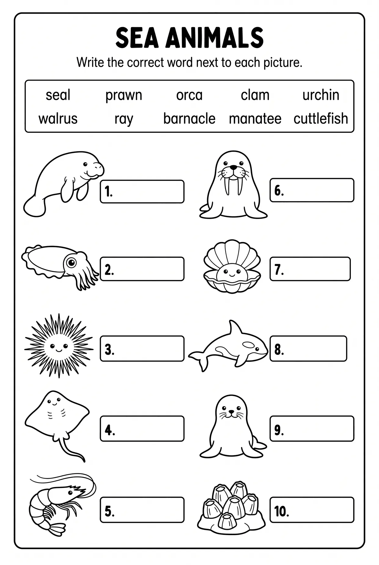Sea Animals Vocabulary Worksheet With a 10 Word Bank, page 1 preview