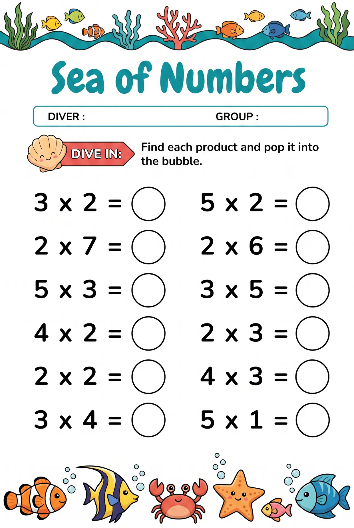 Sea of Numbers: Ocean Multiplication Bubble Worksheet, page 1 preview