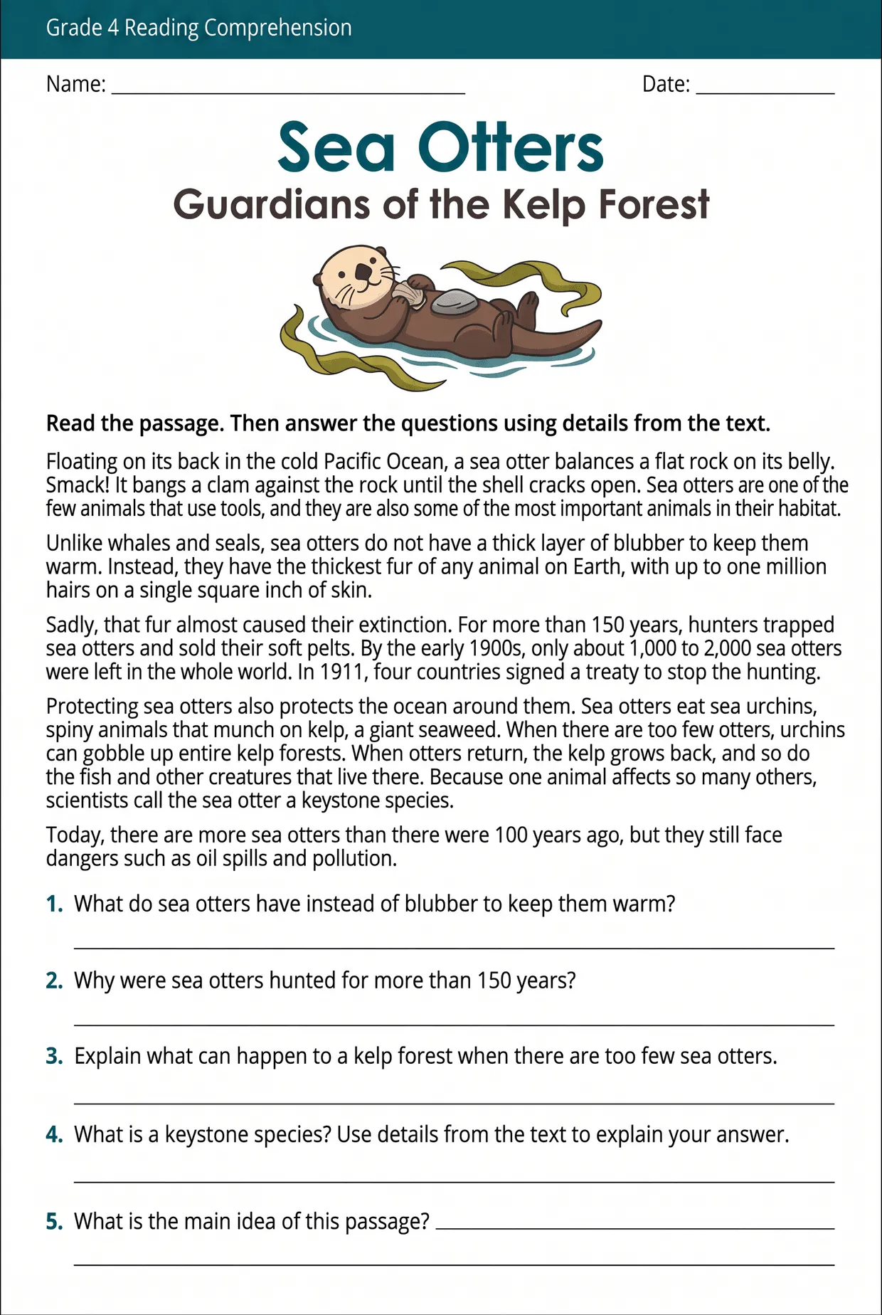 Sea Otters 4th Grade Reading Comprehension Worksheet, page 1 preview