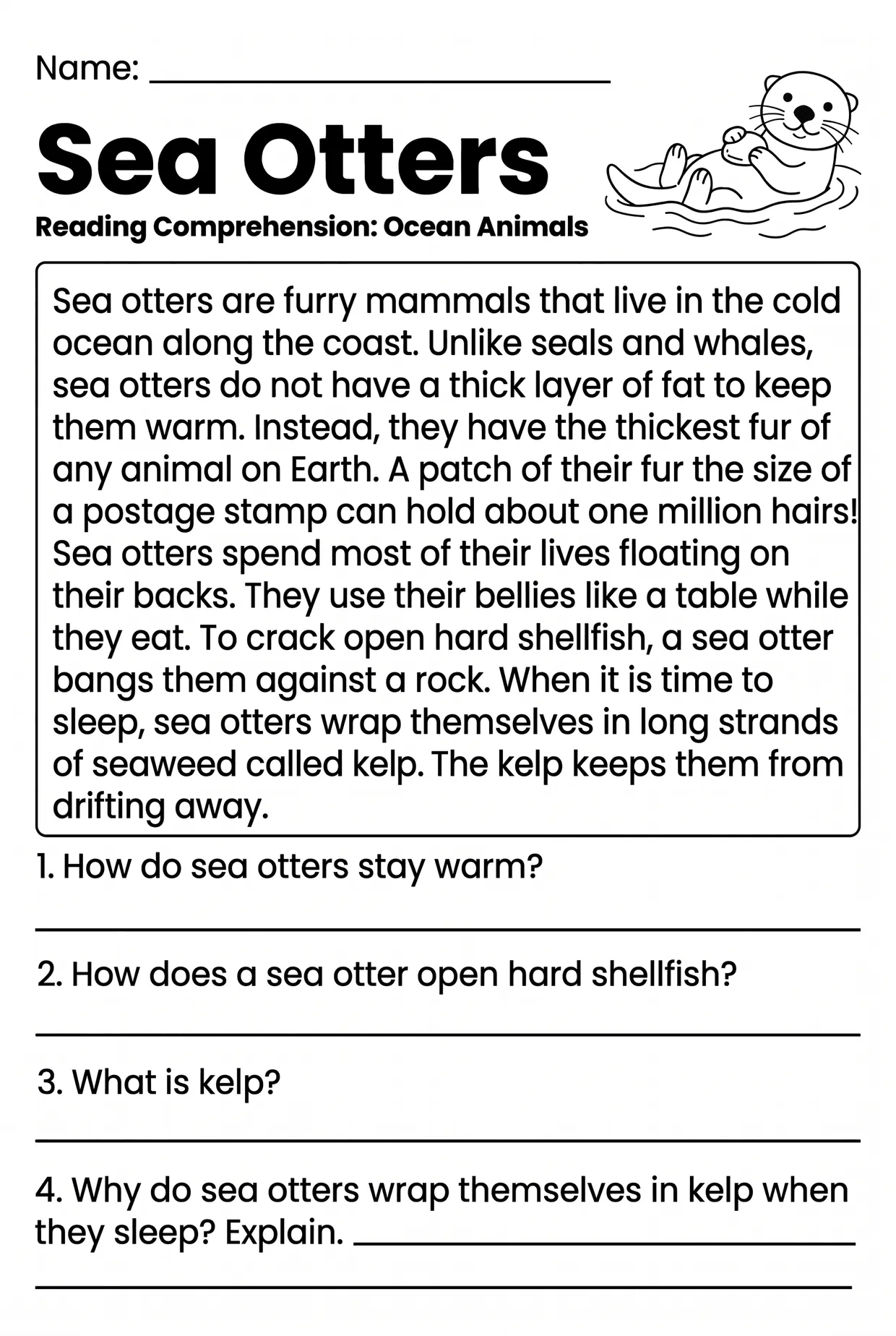 Sea Otters Reading Comprehension Worksheet for Grade 3, page 1 preview