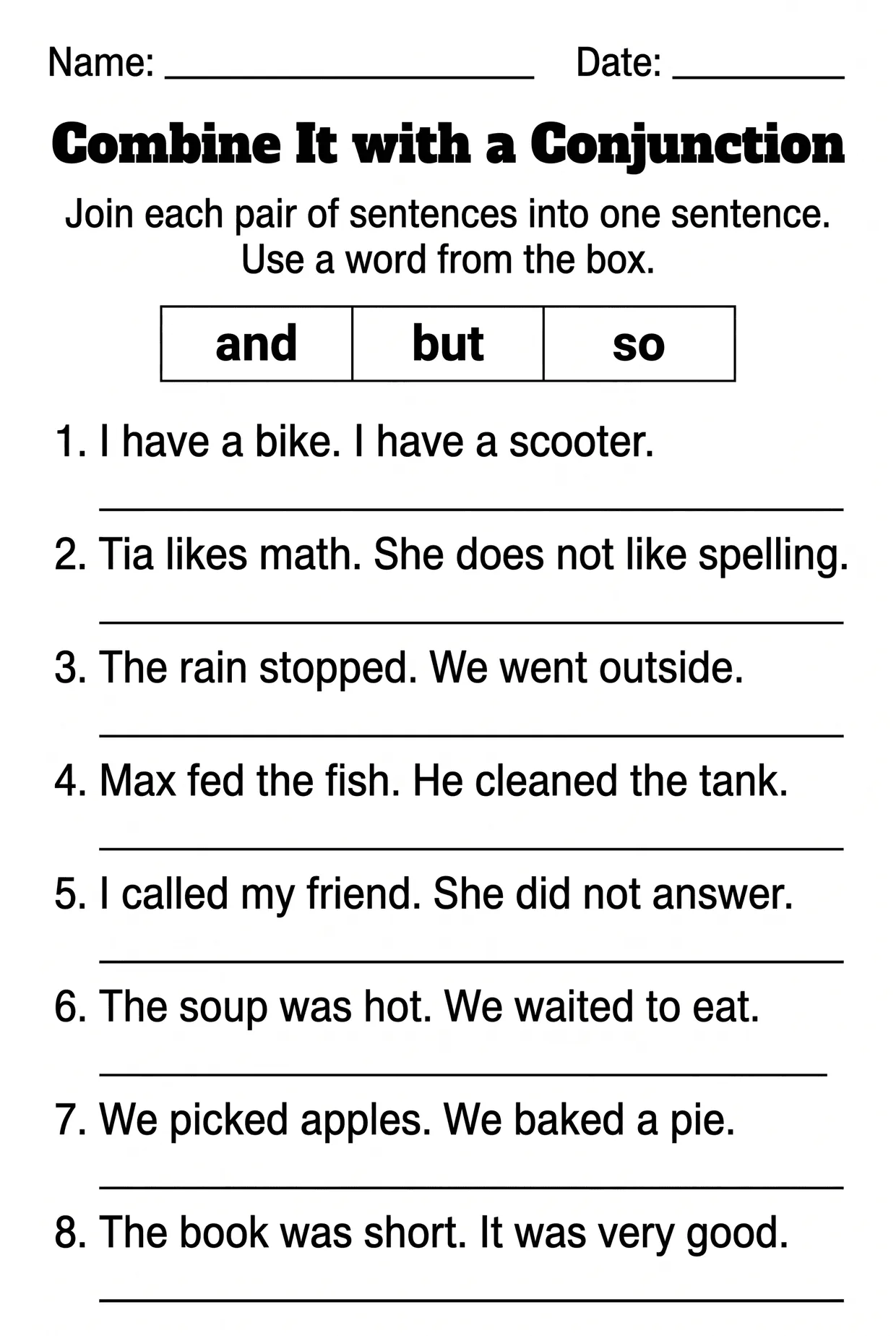 Combine Sentences With Conjunctions Worksheet Grade 3, page 1 preview