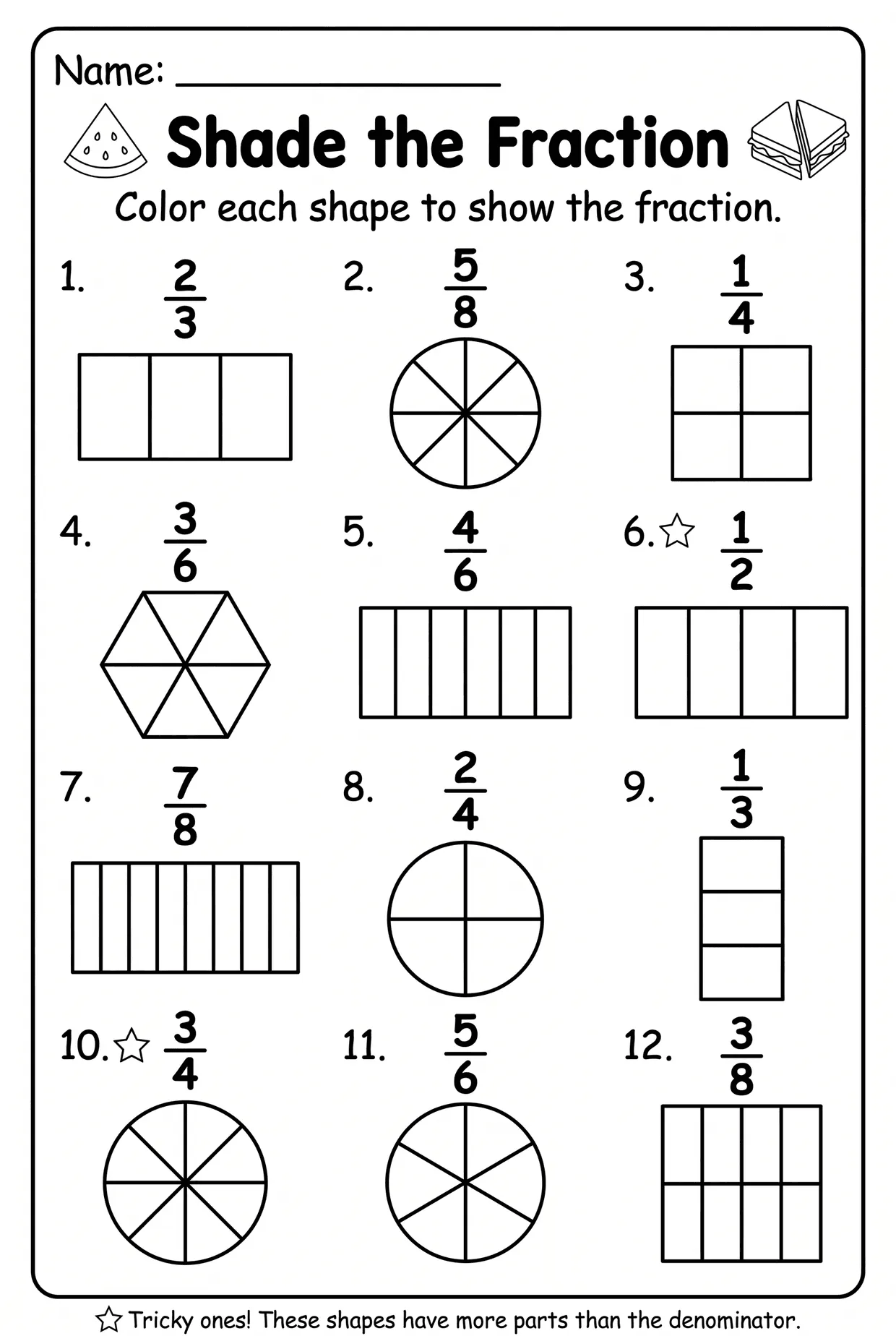 Shade the Fraction Worksheet for 3rd Grade, page 1 preview