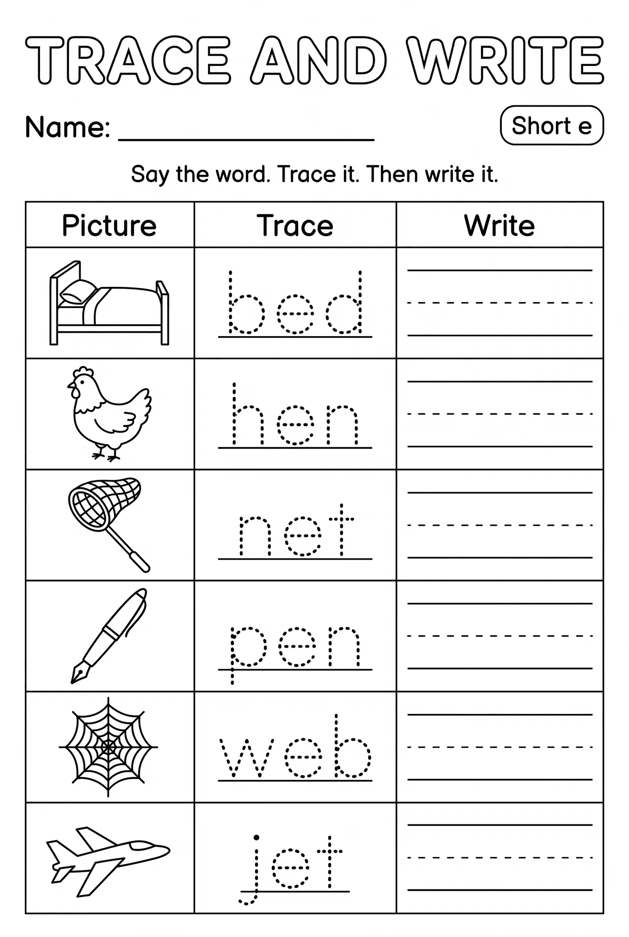 Short E CVC Words Trace and Write Worksheet for Kinder, page 1 preview