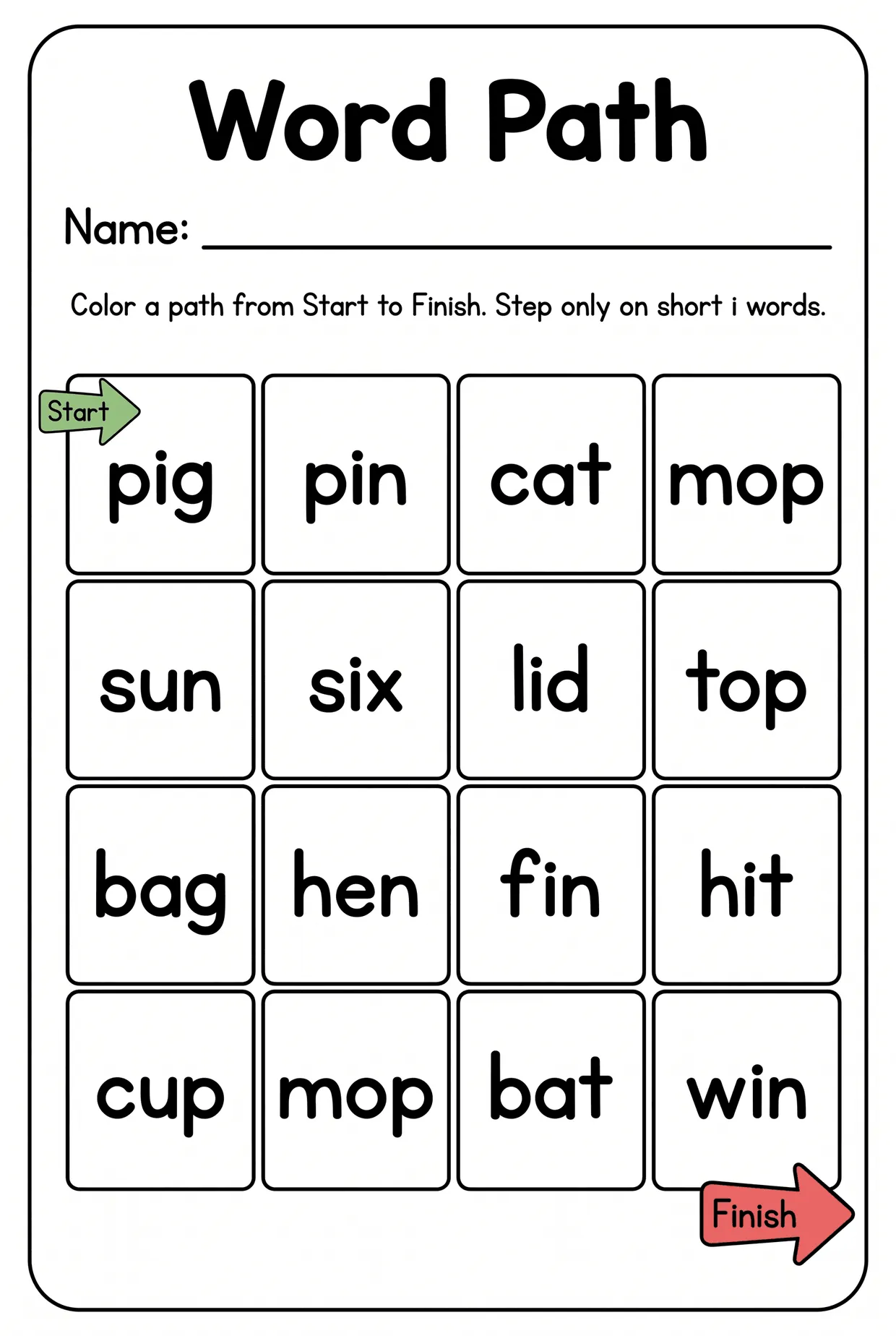 Short I CVC Words Maze Worksheet for Kindergarten, page 1 preview