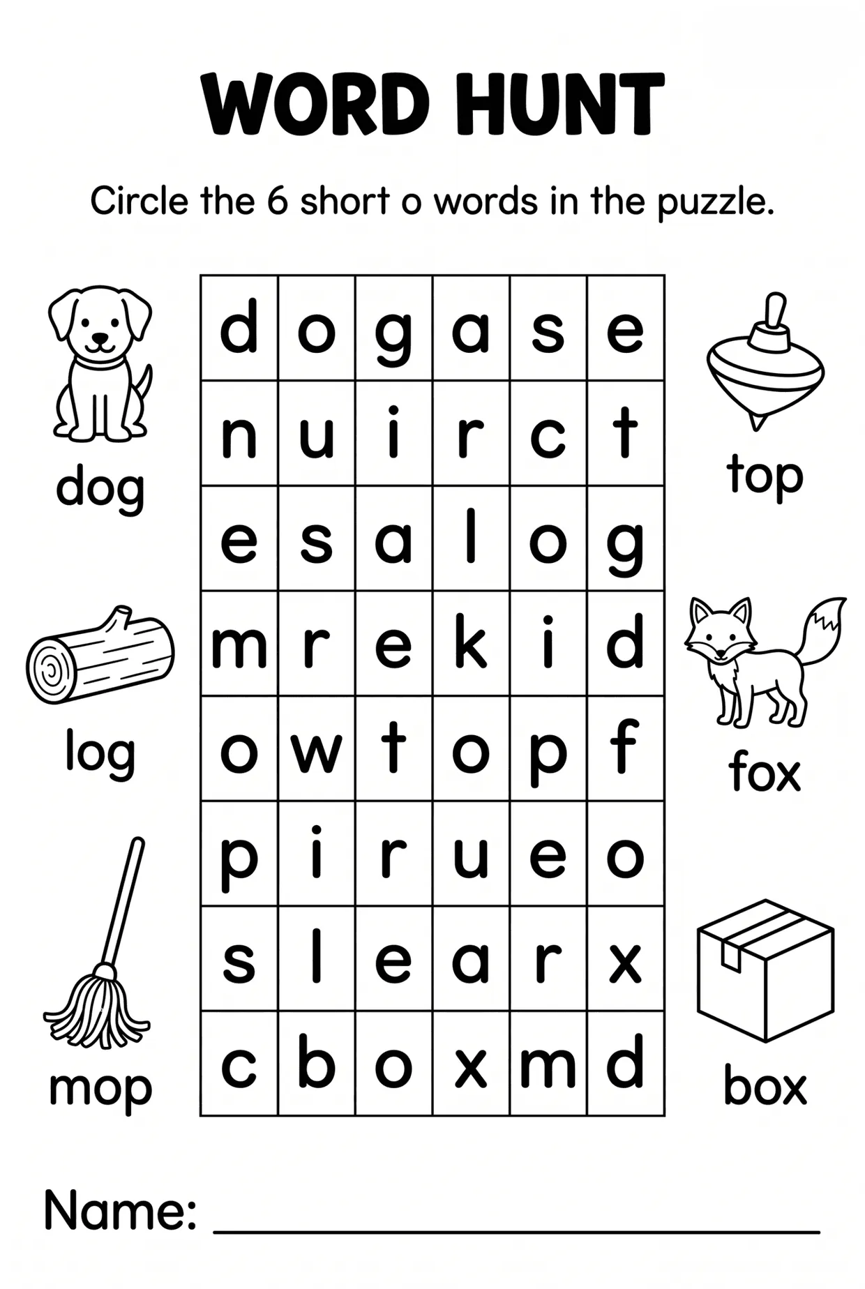Short O CVC Words Word Search for Kindergarten, page 1 preview