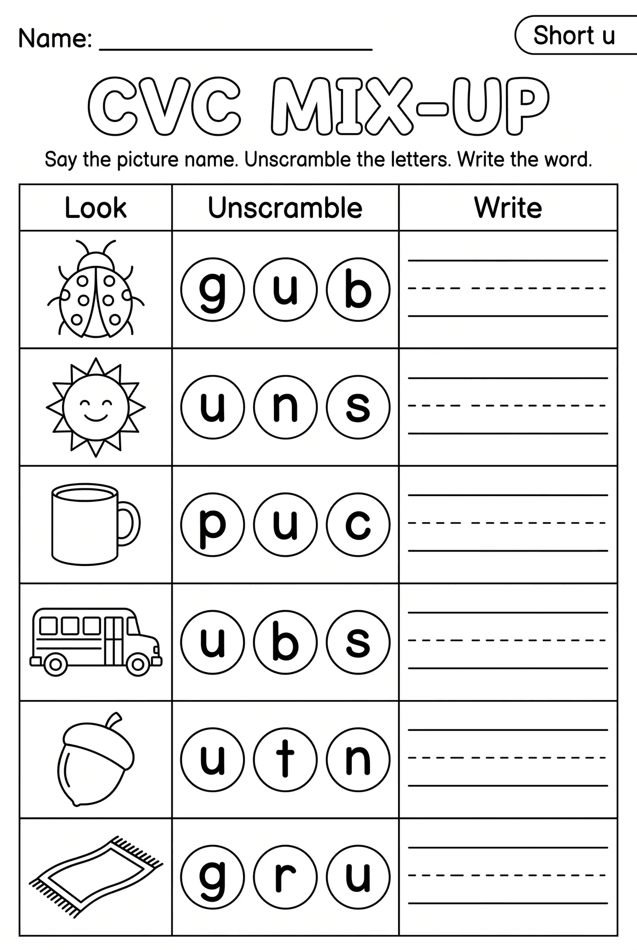 Short U CVC Words Scramble Worksheet for Kindergarten, page 1 preview