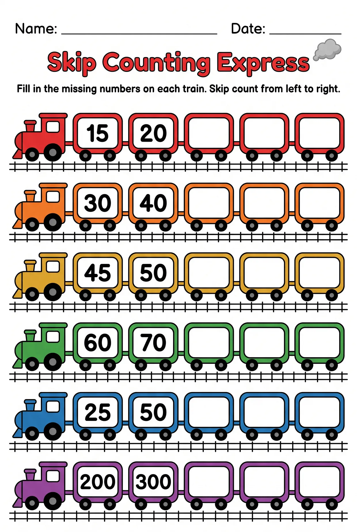 Skip Counting Worksheet With Trains and Missing Numbers, page 1 preview