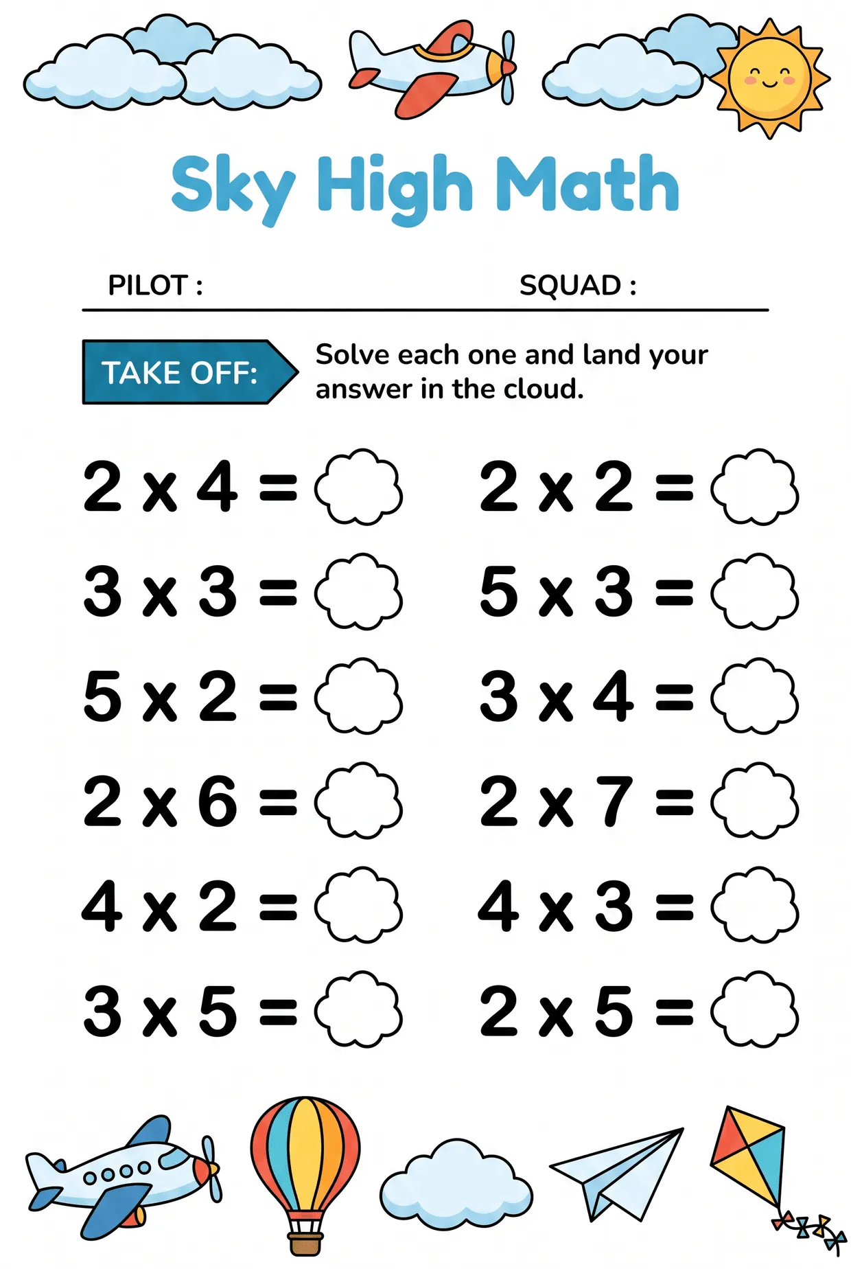 Sky High Math: Airplane Multiplication Cloud Worksheet, page 1 preview