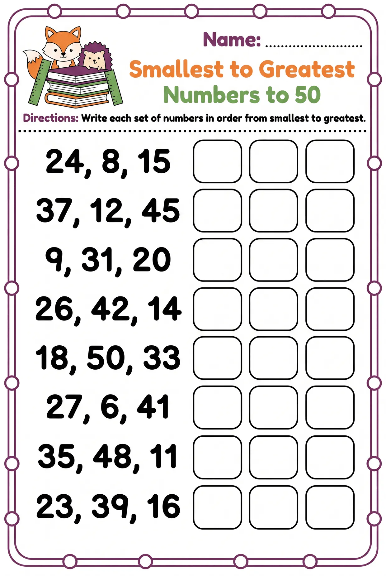 Ascending Order Worksheet: Numbers to 50, page 1 preview