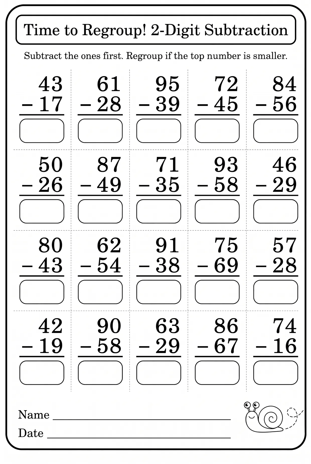 Snail Trail 2nd Grade Subtraction Worksheet: Regrouping, page 1 preview
