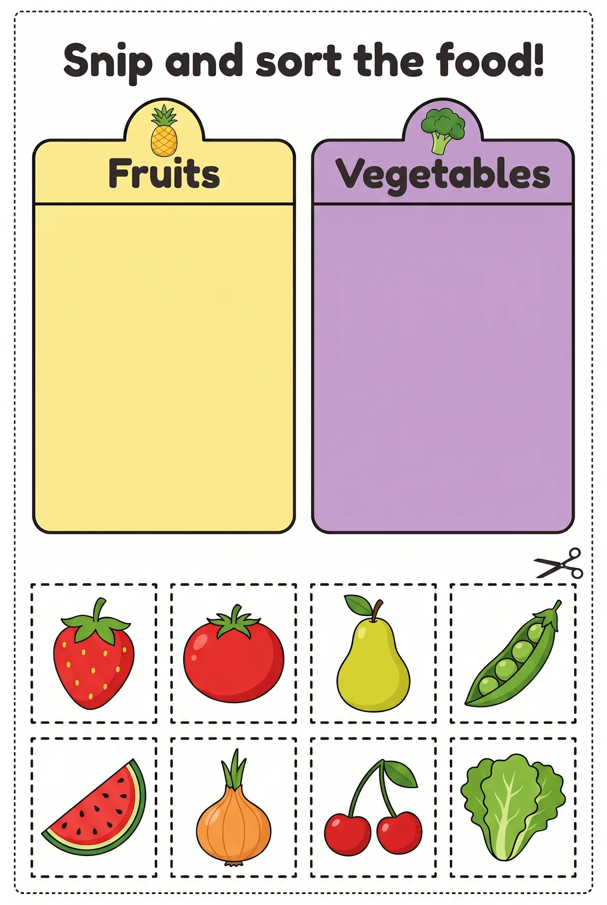 Snip and Sort the Food (Fruits vs. Vegetables) worksheet preview