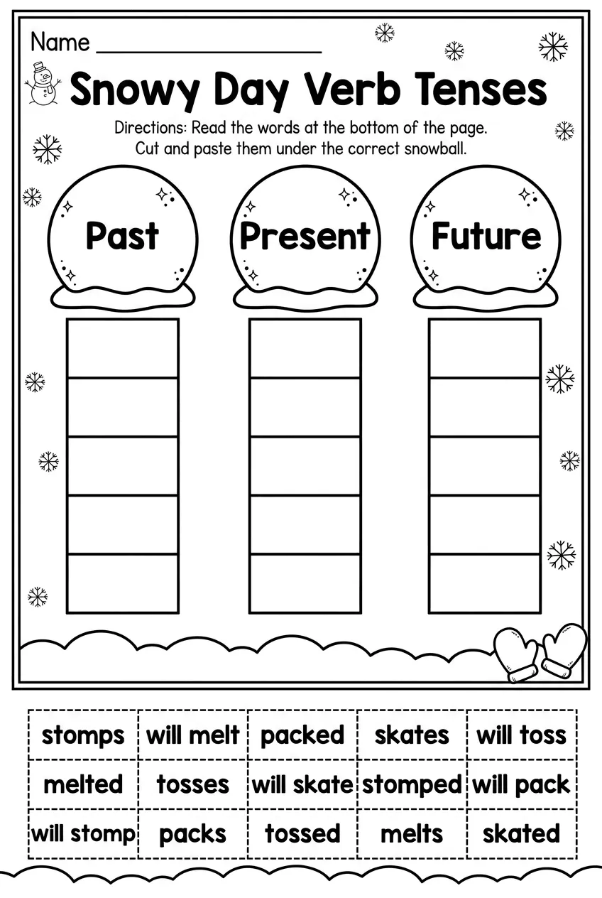 Snowy Day Verb Tenses Worksheet: Past, Present, Future, page 1 preview