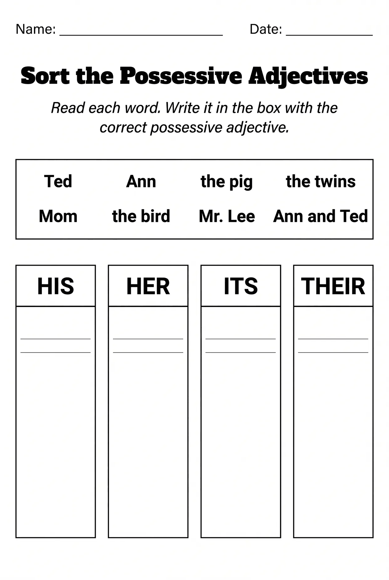 Sort the Possessive Adjectives Worksheet Into Four Boxes, page 1 preview