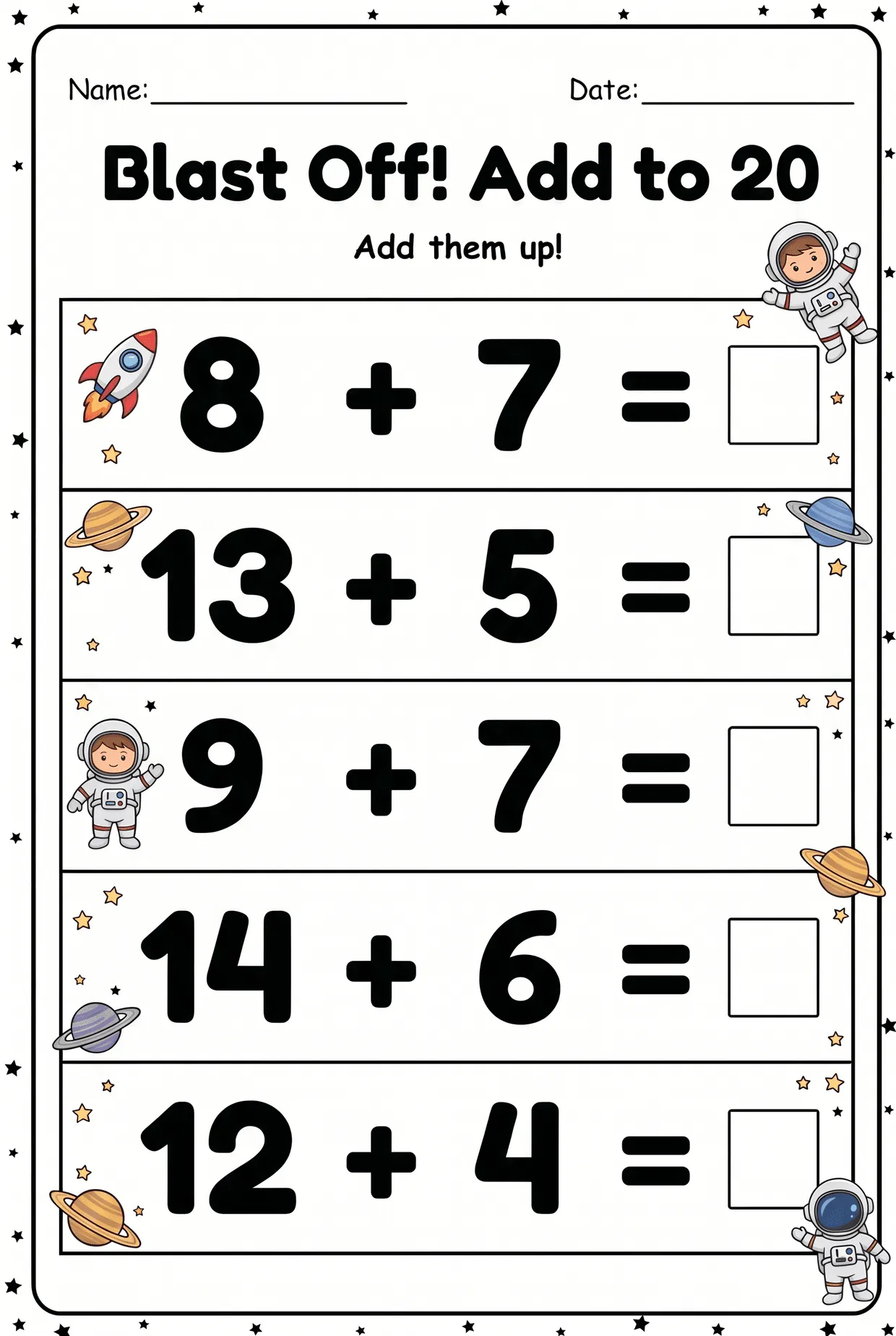 Blast Off! Add to 20 worksheet preview