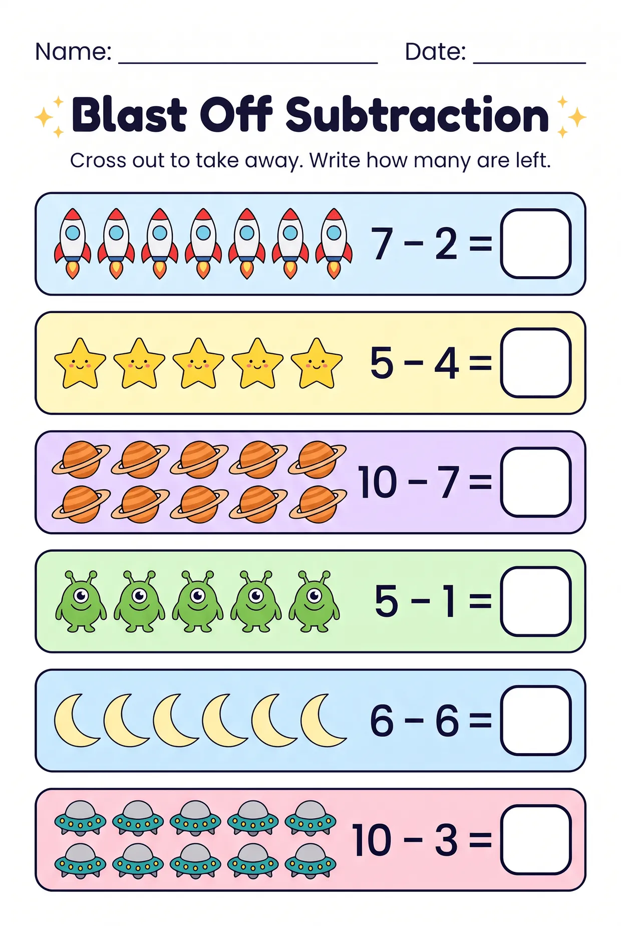 Space Picture Subtraction Worksheet for Kindergarten, page 1 preview