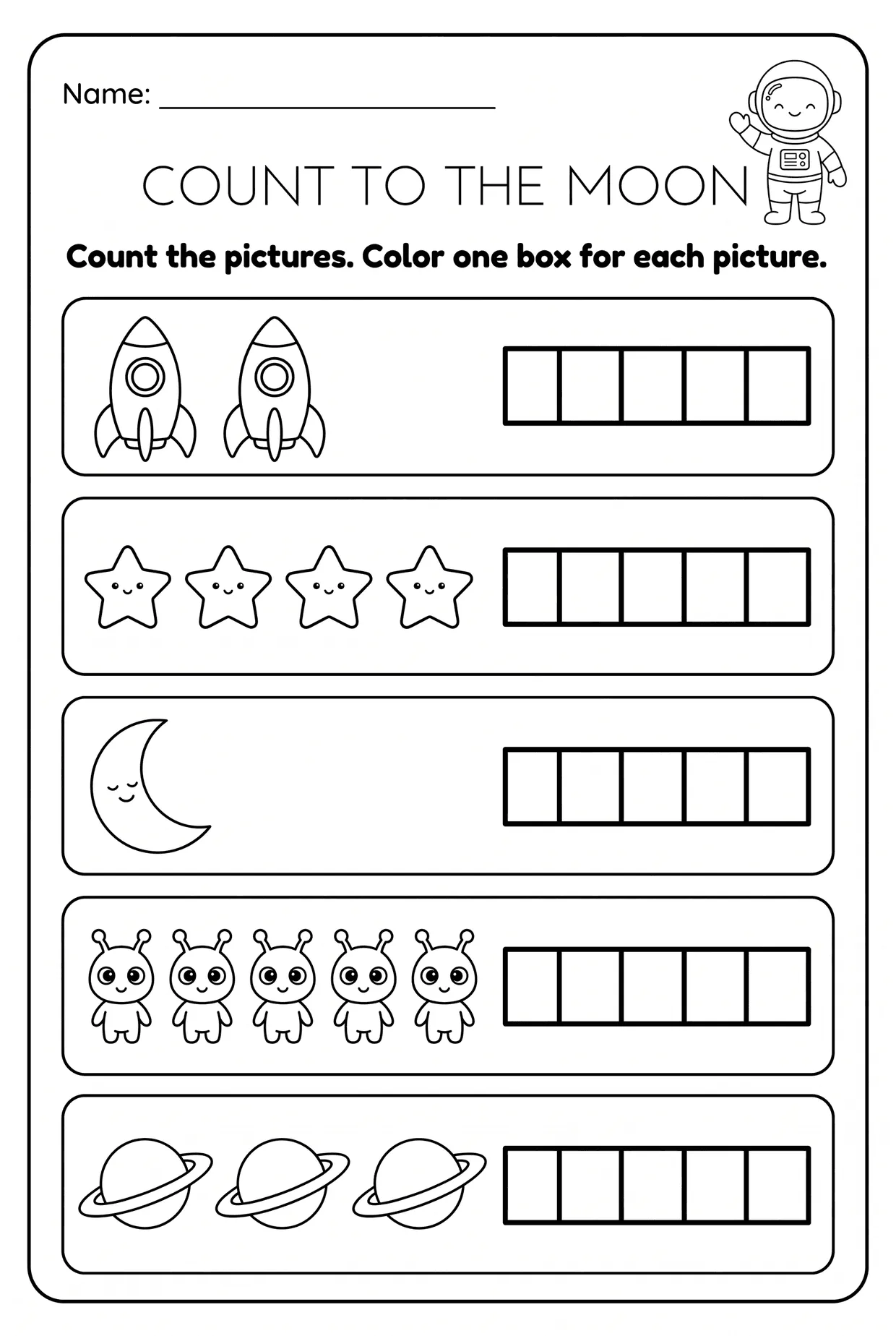 Space Five Frame Counting Worksheet for Preschool, page 1 preview
