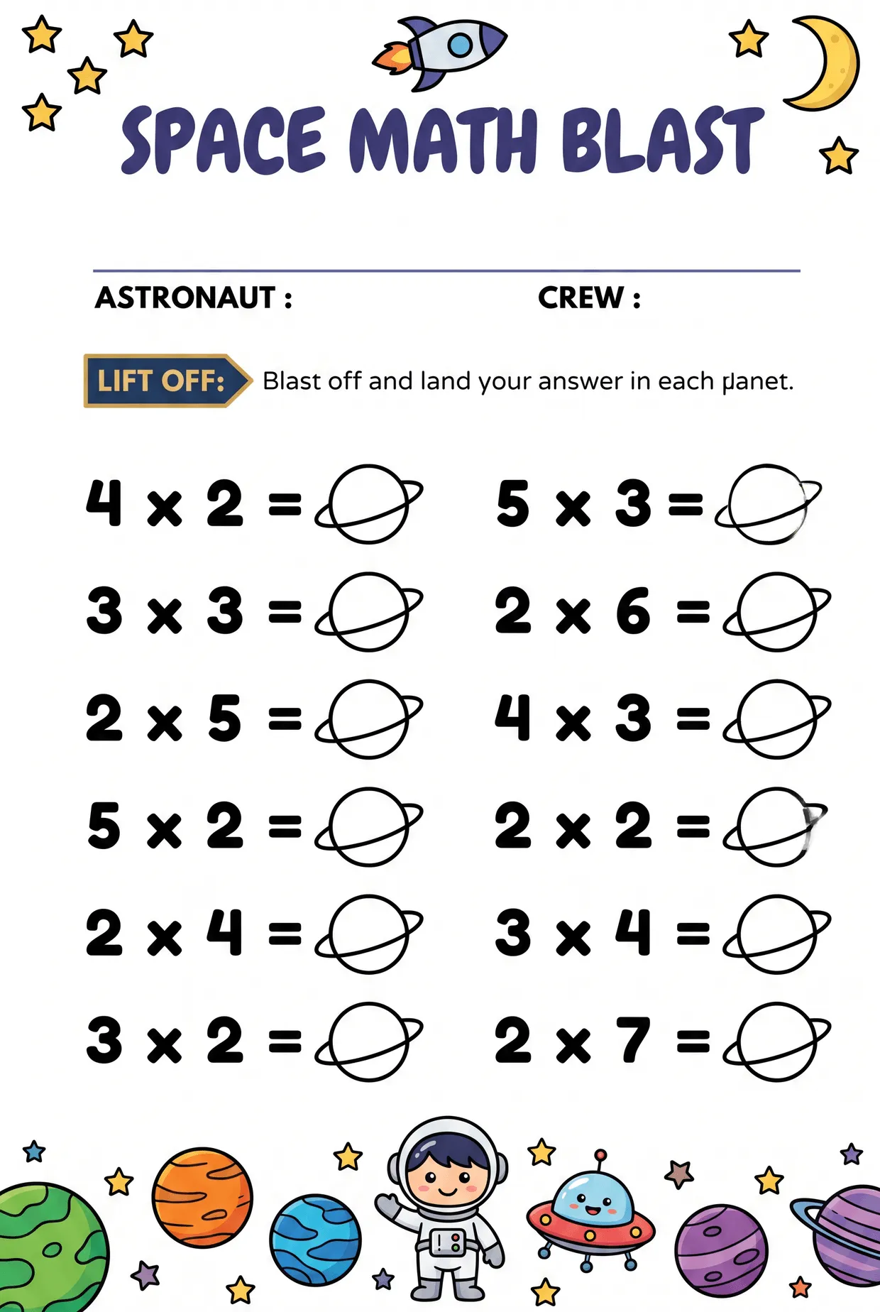 Space Math Blast: Multiplication Planets Worksheet, page 1 preview