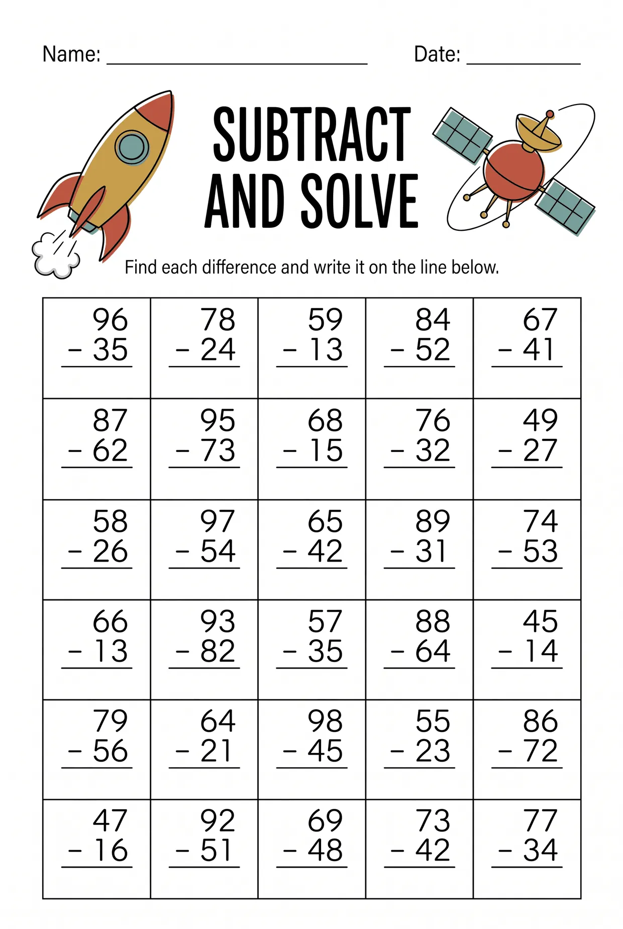 Space Rocket 2nd Grade Subtraction Worksheet worksheet preview