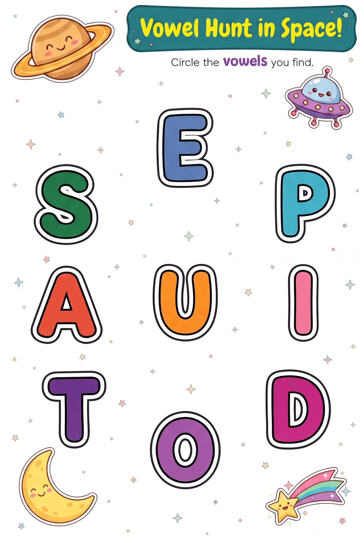 Vowel Hunt in Space: Circle the Vowels A E I O U, page 1 preview