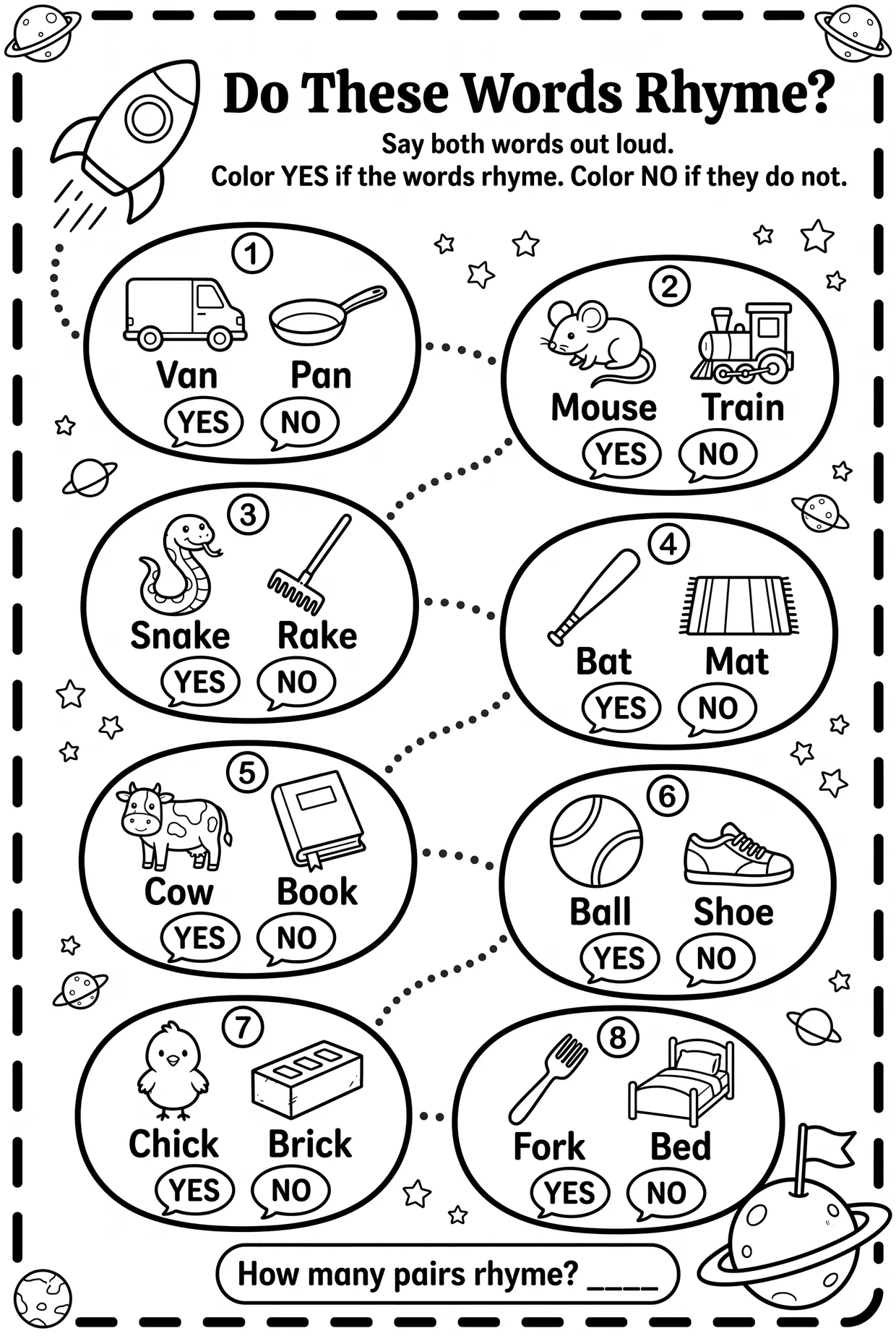 Space Yes or No: Rhyming Words Coloring Worksheet, page 1 preview
