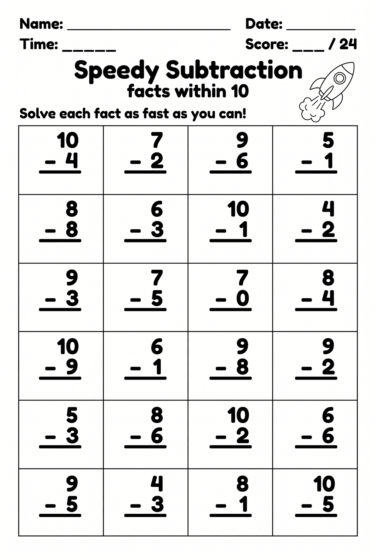 Timed Subtraction Worksheet Within 10 for Grade 1